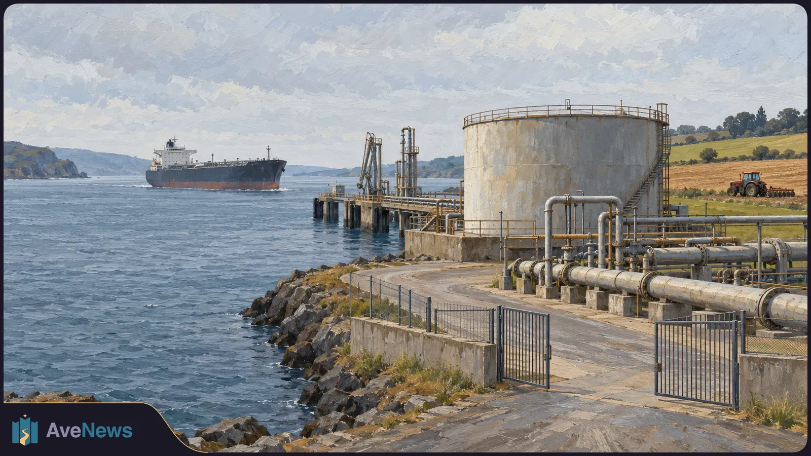 Painted coastal fuel terminal with a storage tank and pipes by the water, a tanker ship offshore, and a tractor in a distant field. SI illustration