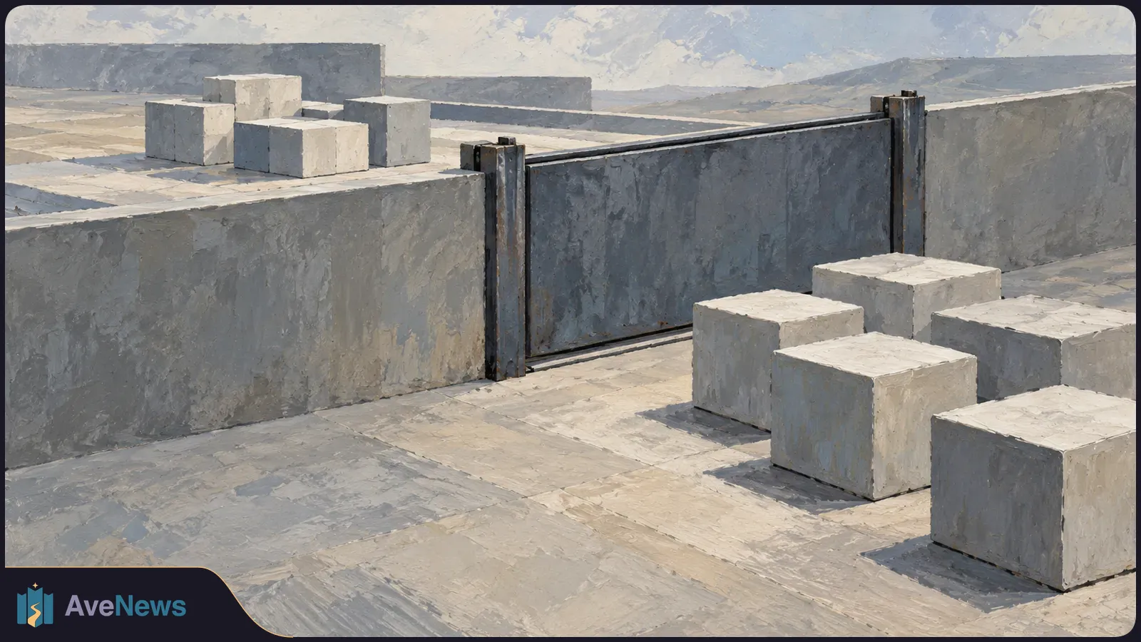 Painterly illustration of a closed gray metal gate between concrete walls, with pale concrete blocks stacked on both sides. SI illustration