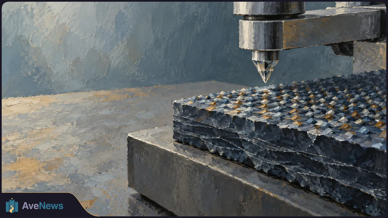 Painted close-up of a pointed microscope tip hovering above a rough, layered crystal on a dark platform. SI illustration