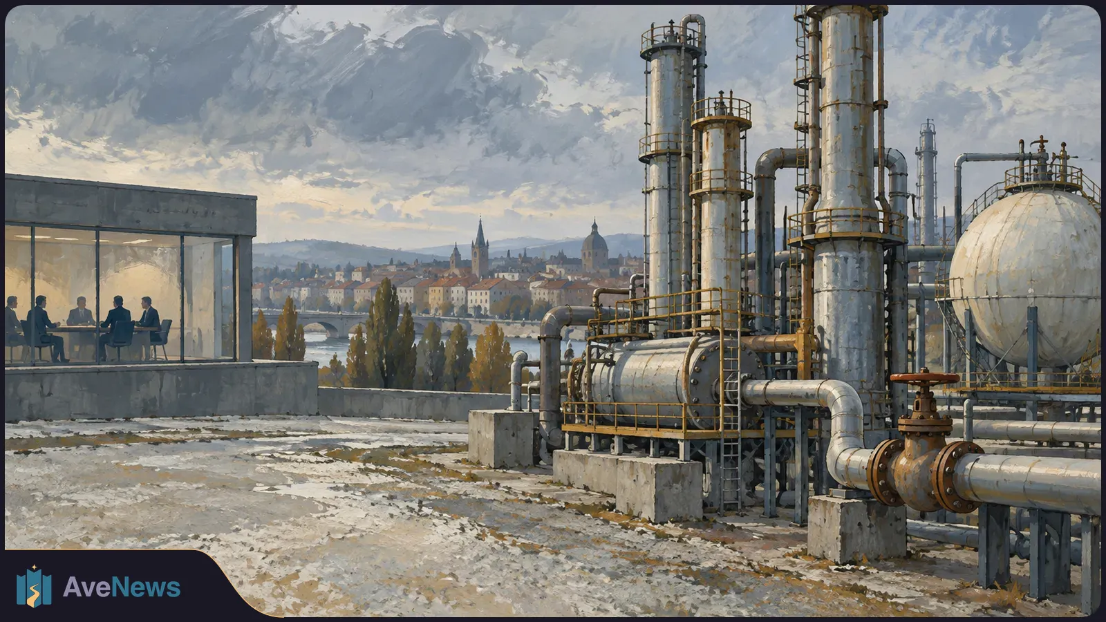 A painted industrial facility with towers, tanks and pipes beside a glass-walled meeting room, with a riverside city under a cloudy sky. SI illustration