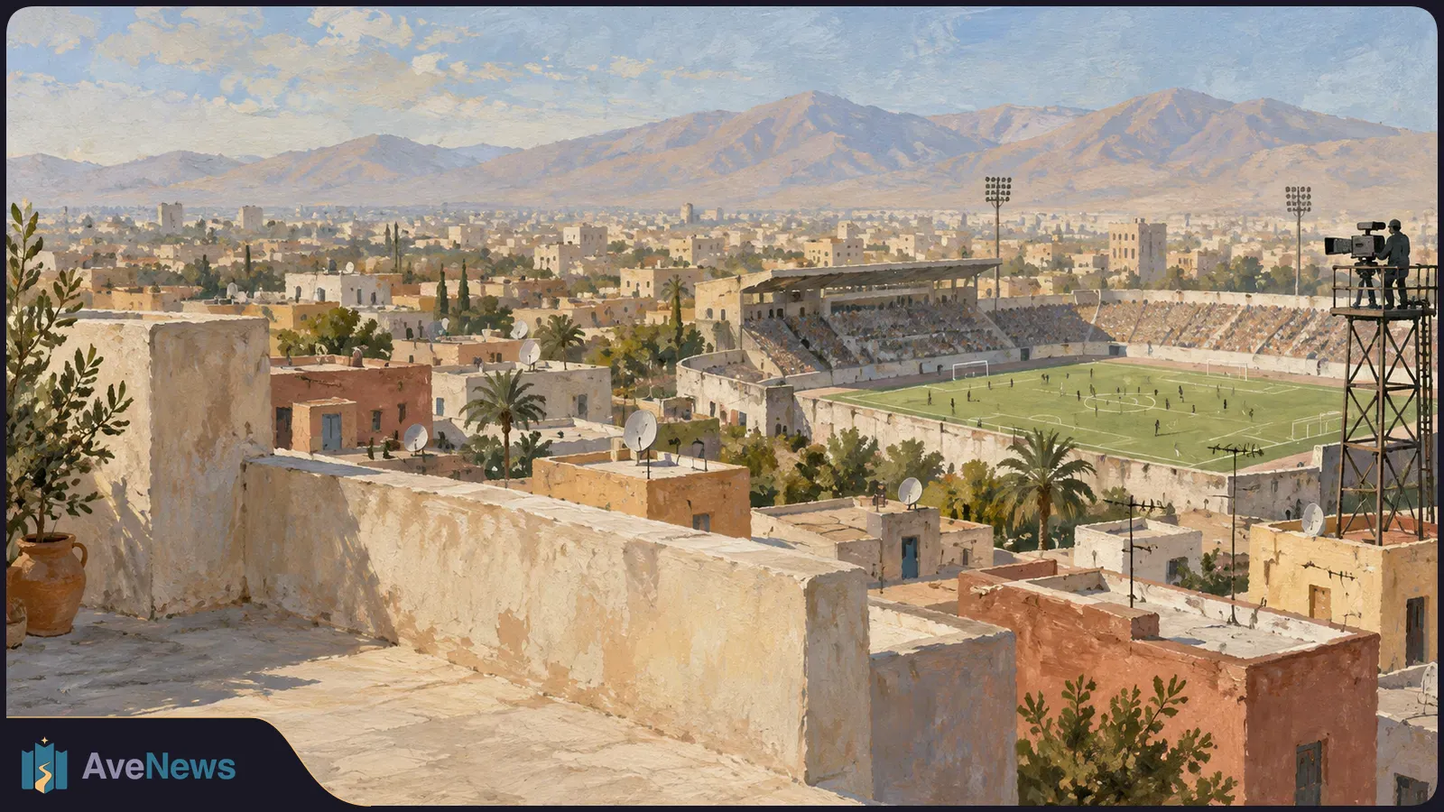 Painted cityscape with a football match in a stadium and a camera operator filming from a tower, with mountains beyond. SI illustration