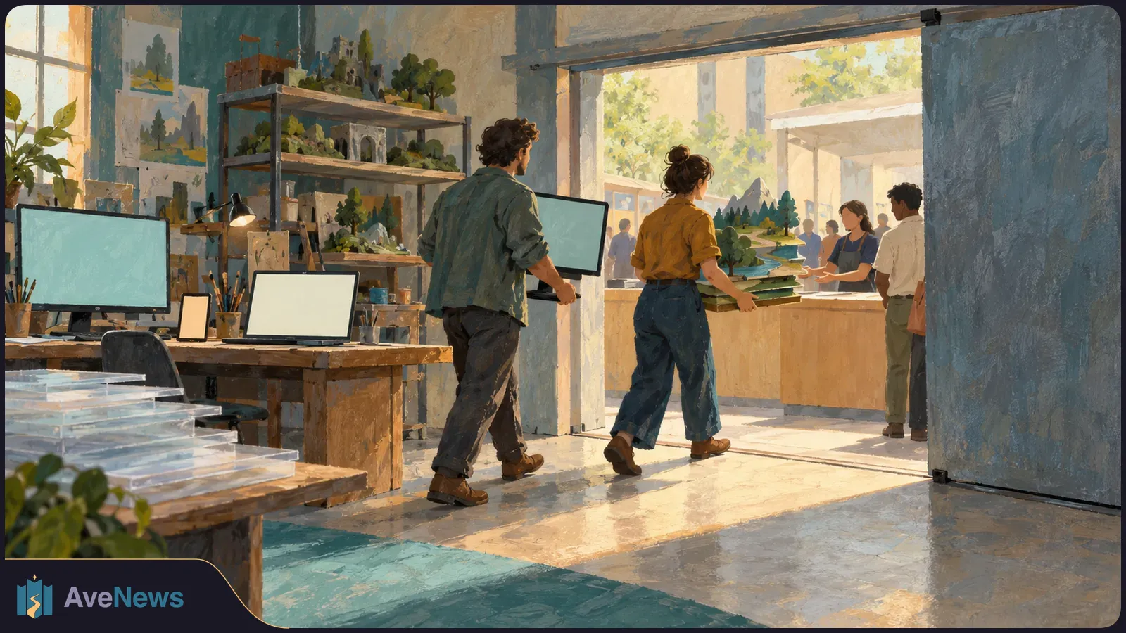 Illustration of a sunlit design studio with computers and miniature landscapes; two people carry a monitor and a model toward an adjoining room. SI illustration