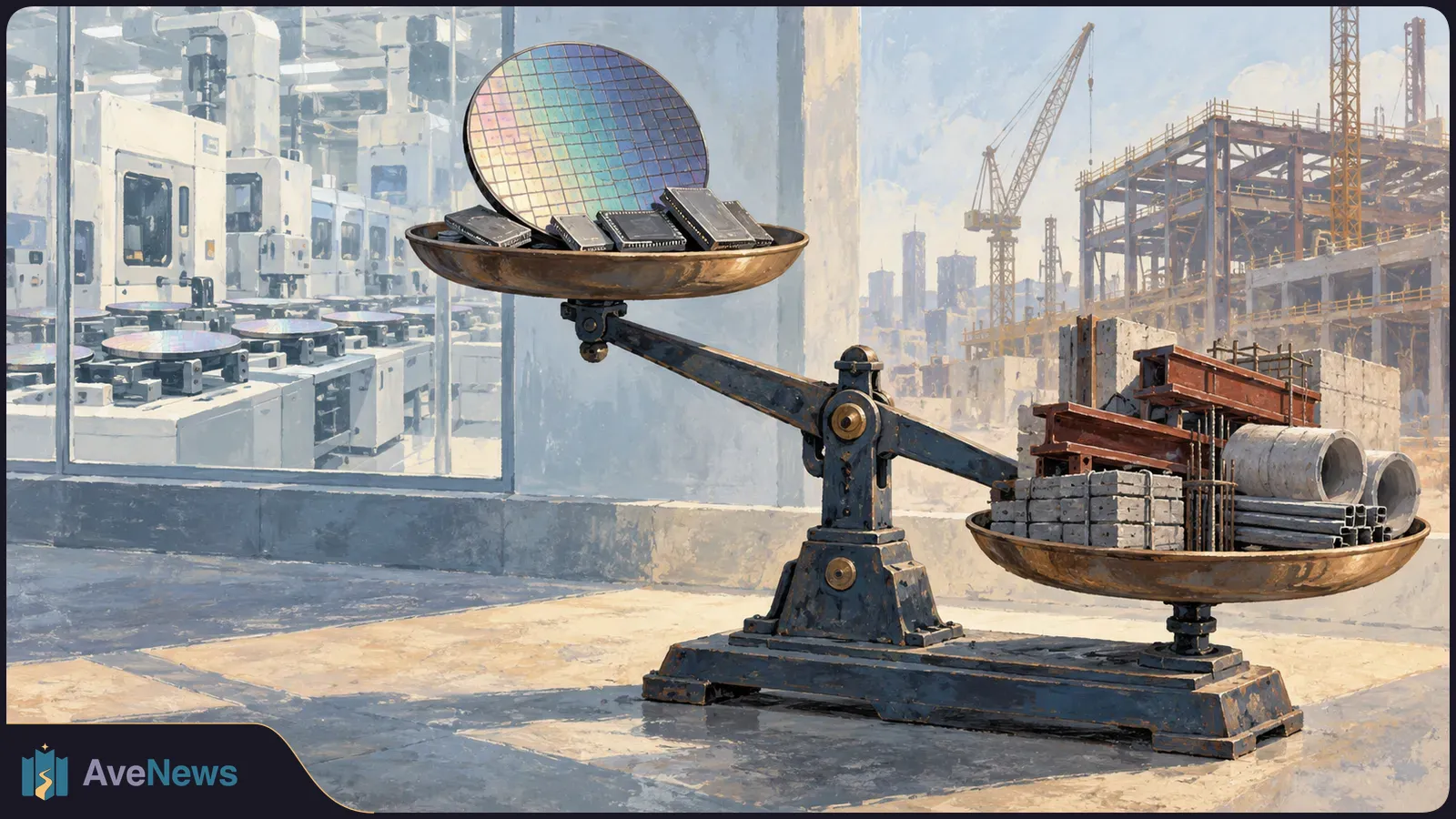 An illustrated balance scale holds a silicon wafer and microchips on one side and construction materials on the other, with a chip factory and building site behind it. SI illustration