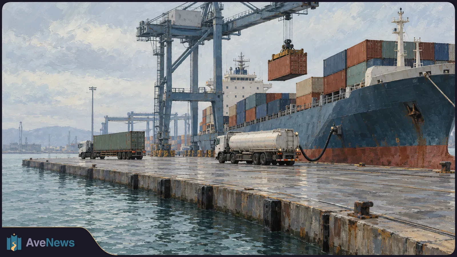 At a port, a hose runs from a tanker truck to a container ship while a crane lifts a container overhead. SI illustration