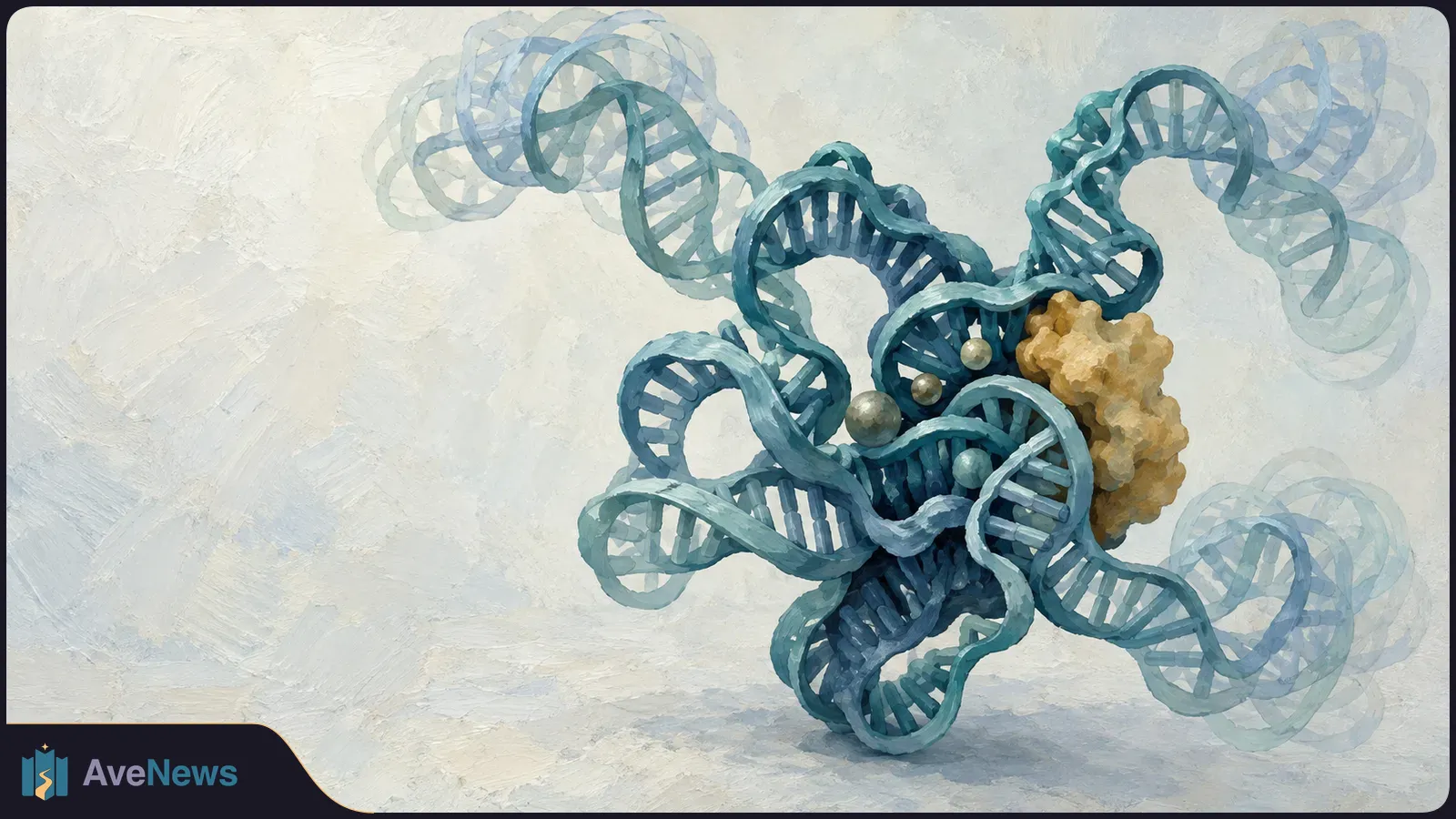 Painterly blue ladder-like strands curl into overlapping shapes around a tan knobbly cluster and several gray spheres on a pale background. SI illustration