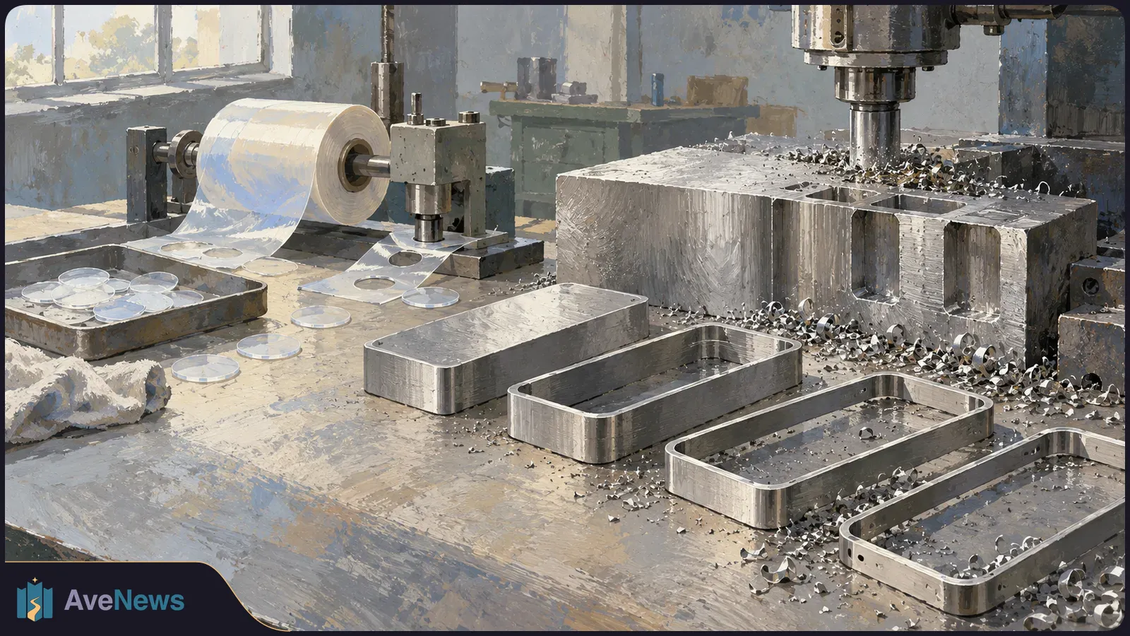 An illustrated workshop bench with a milling machine, metal frames and shavings beside a roll of translucent film and small clear discs. SI illustration