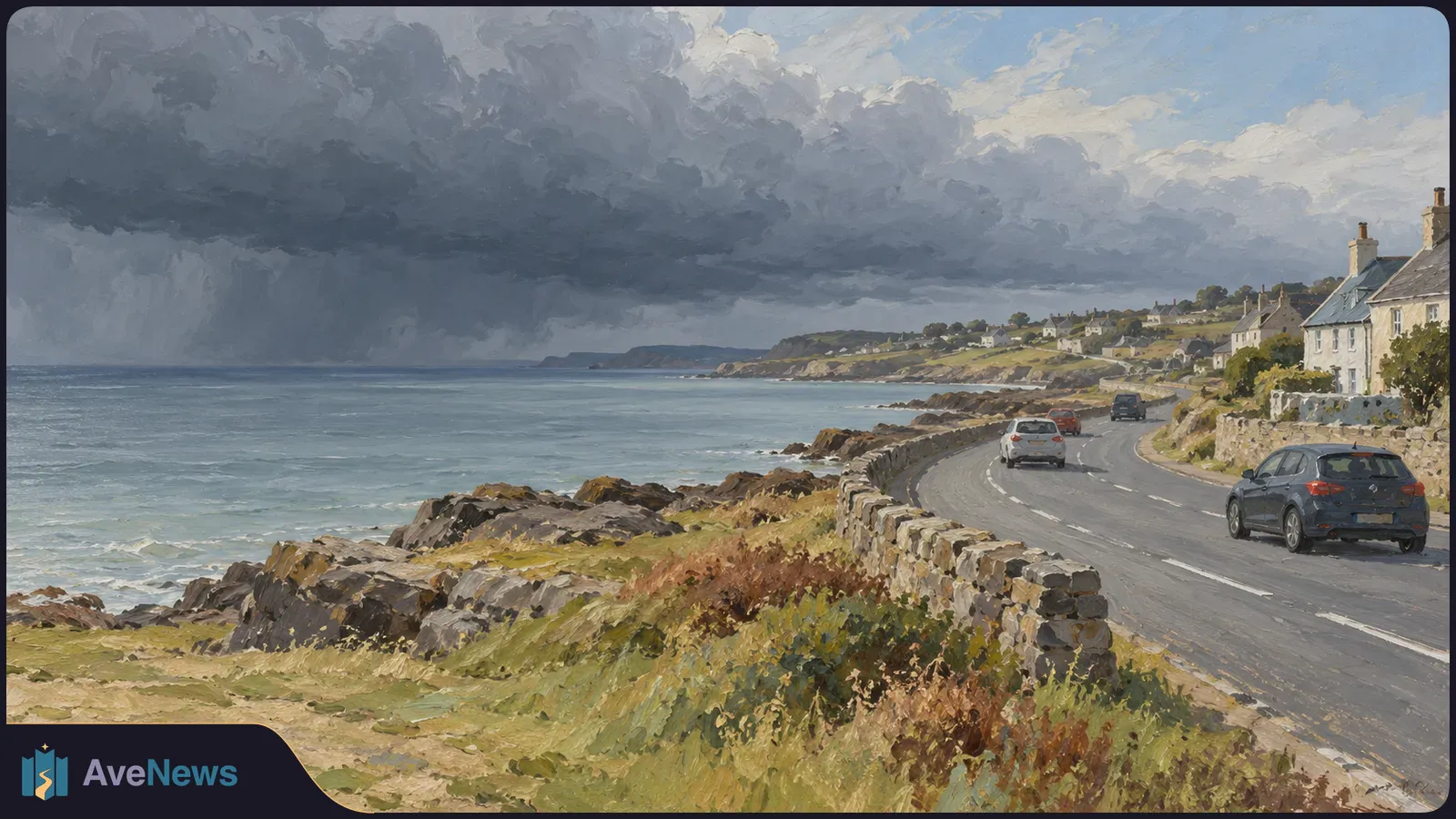 Painting of a coastal road with cars, houses and a stone wall beside a rocky shore, beneath large dark clouds. SI illustration