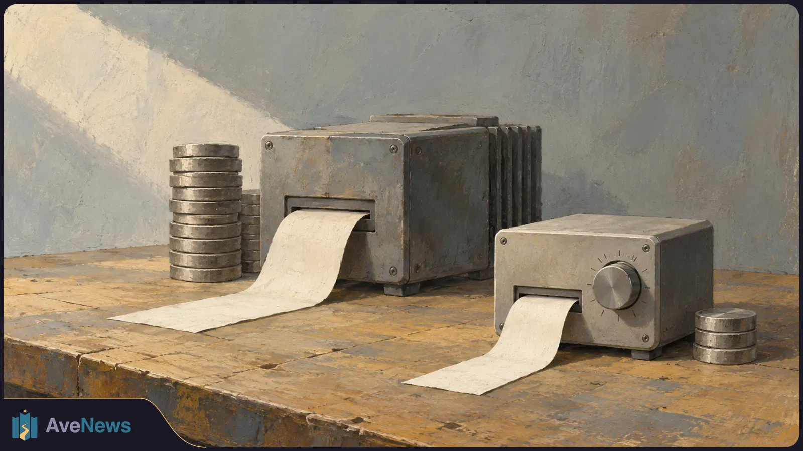 Painterly image of two metal machines feeding out blank paper strips on a wooden table. A tall stack of coins sits by the larger machine and a short stack by the smaller one. SI illustration
