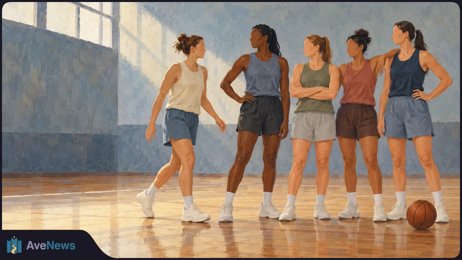 Illustration of five women in athletic clothes standing together on an indoor basketball court, with a basketball by their feet. SI illustration