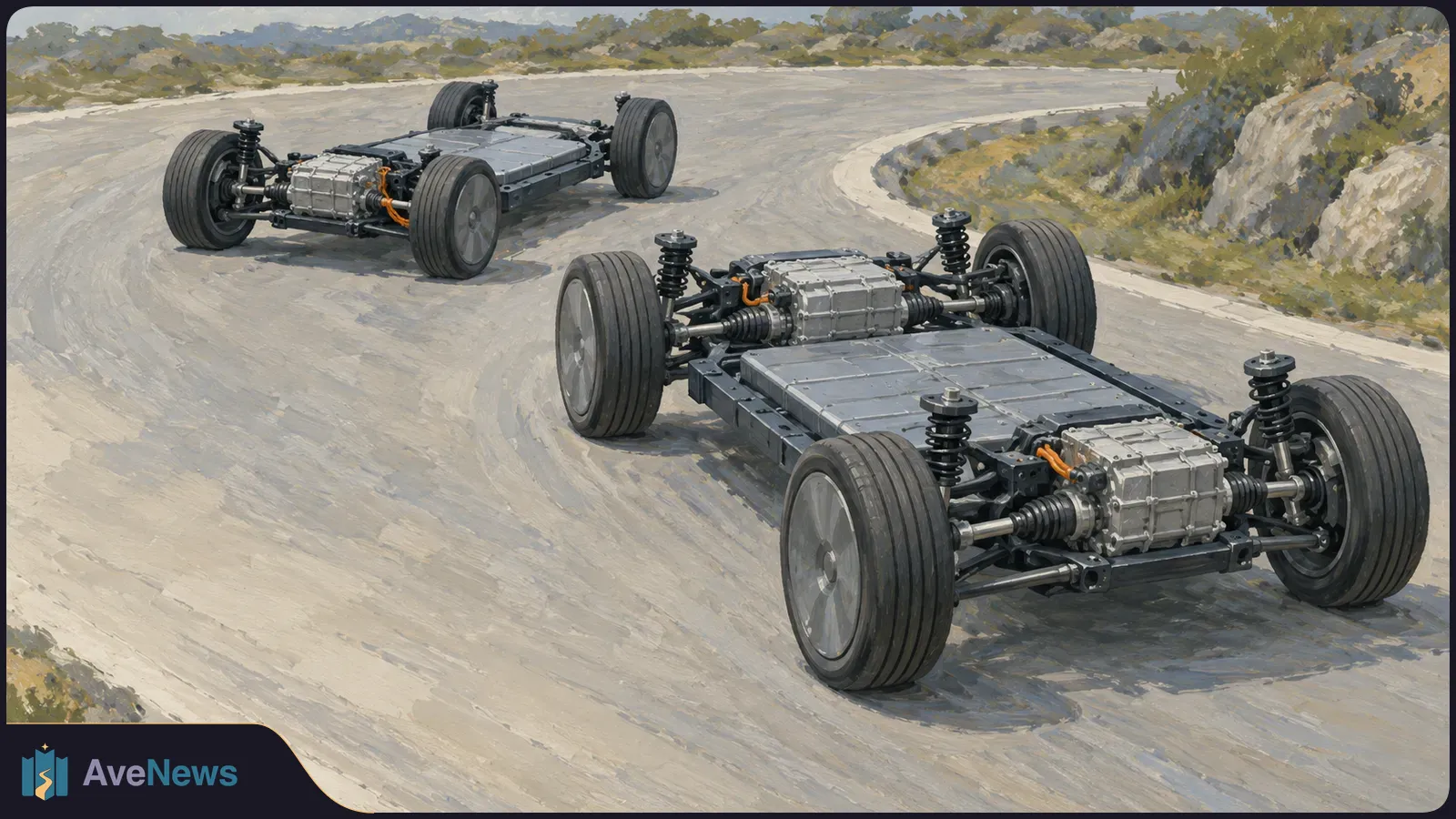Painted illustration of two exposed electric vehicle chassis with wheels and visible motors on a winding road bordered by rocks and shrubs. SI illustration