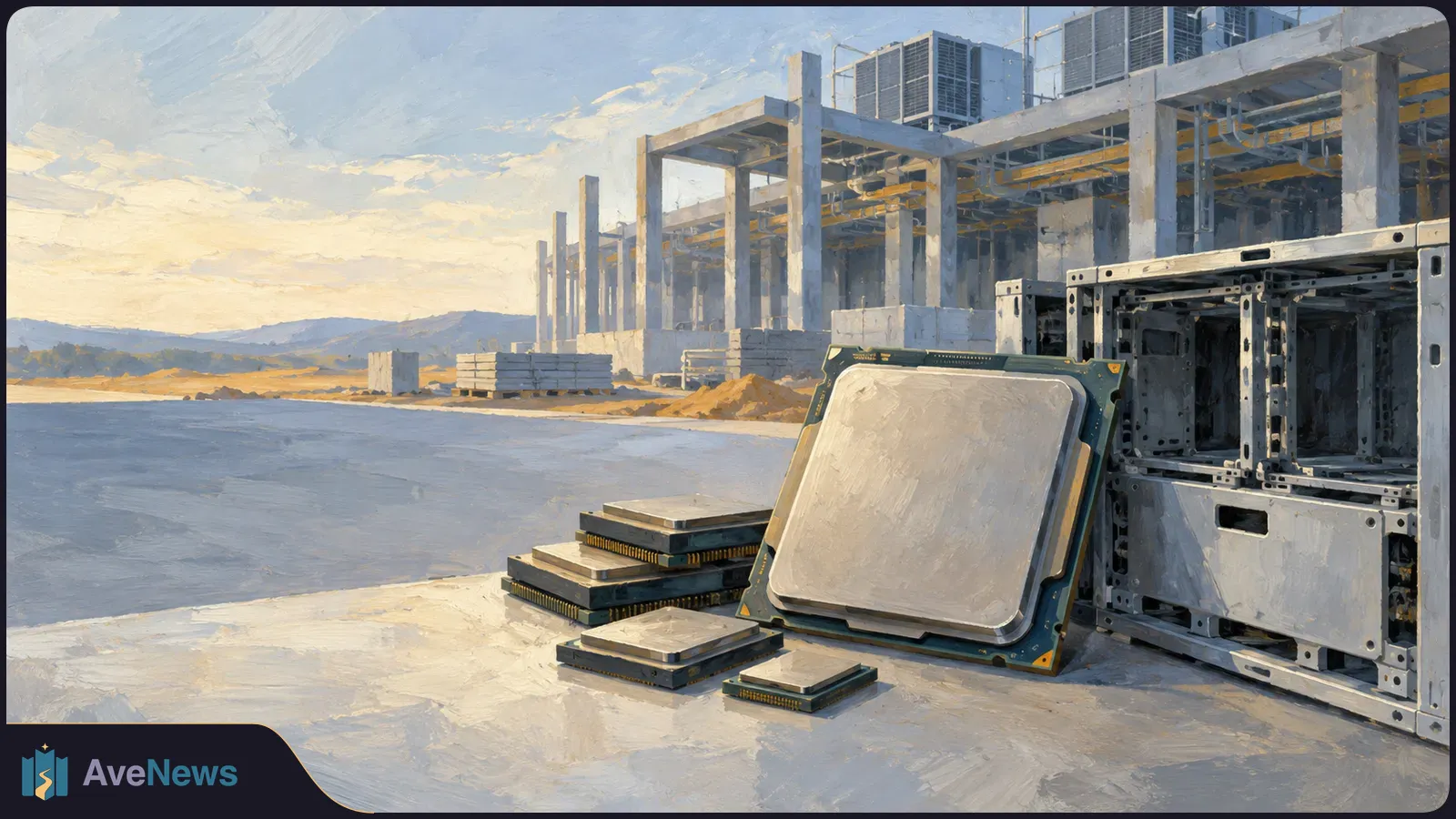 Illustration of several computer chips beside server frames, with a data-centre structure under construction in the background. SI illustration