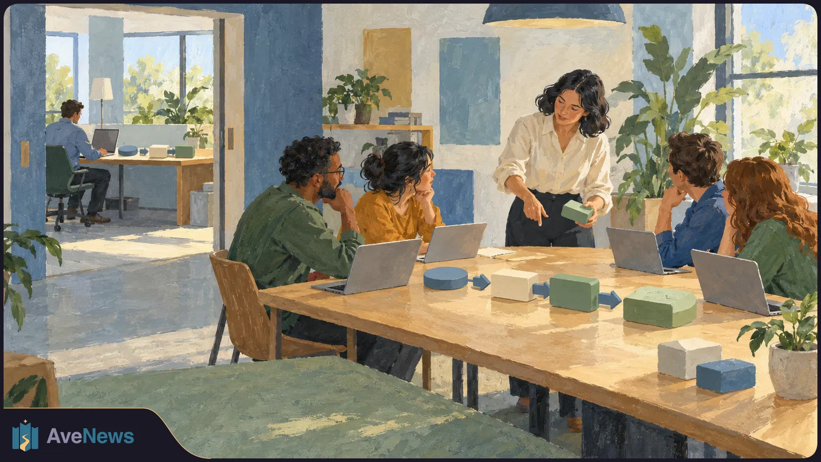 Painted office scene: a woman holds a green block while four people with laptops sit around a table of colored blocks and arrows; another person works at a desk behind them. SI illustration