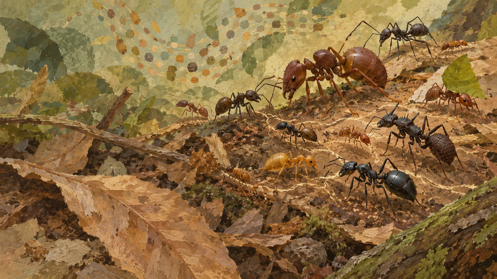 An illustration of ants in varied sizes and colors moving across a forest floor of leaves, soil and twigs, with dotted strands in the background. SI illustration