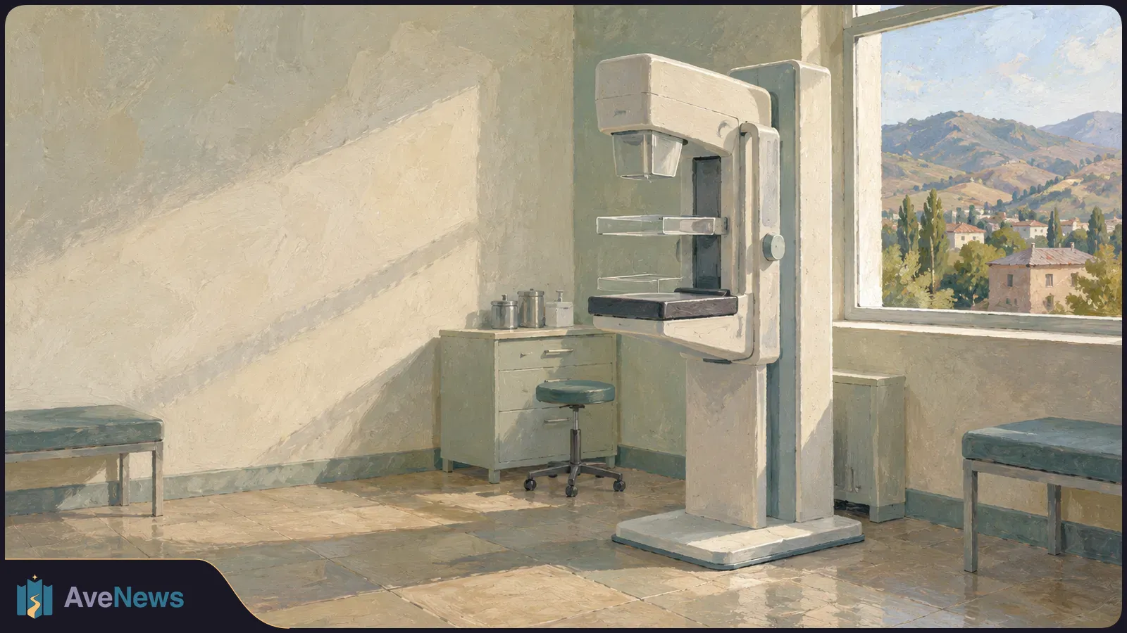Painted examination room with a mammography machine, stools and benches; a window overlooks a mountain town. SI illustration