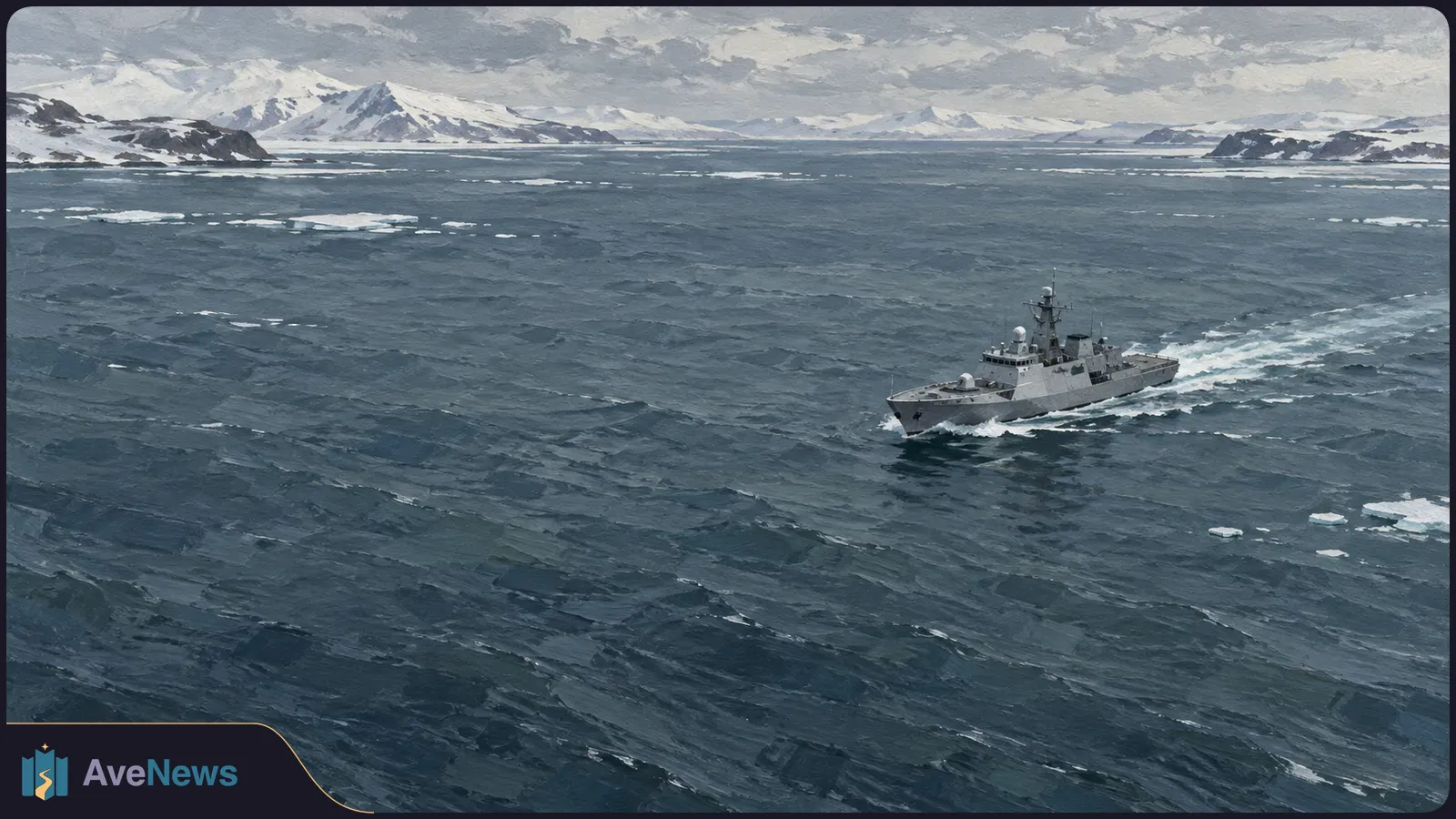 Illustration of a gray warship crossing a dark, icy sea beneath cloudy skies, with snow-covered mountains in the distance. SI illustration