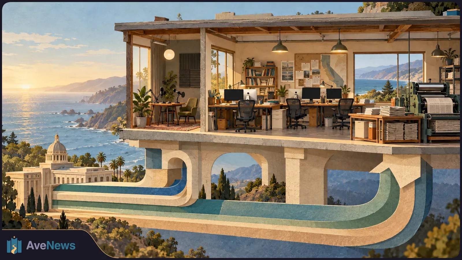 Illustrated newsroom with desks, computers and a printing press above an arched structure, overlooking a coast and a domed building. SI illustration