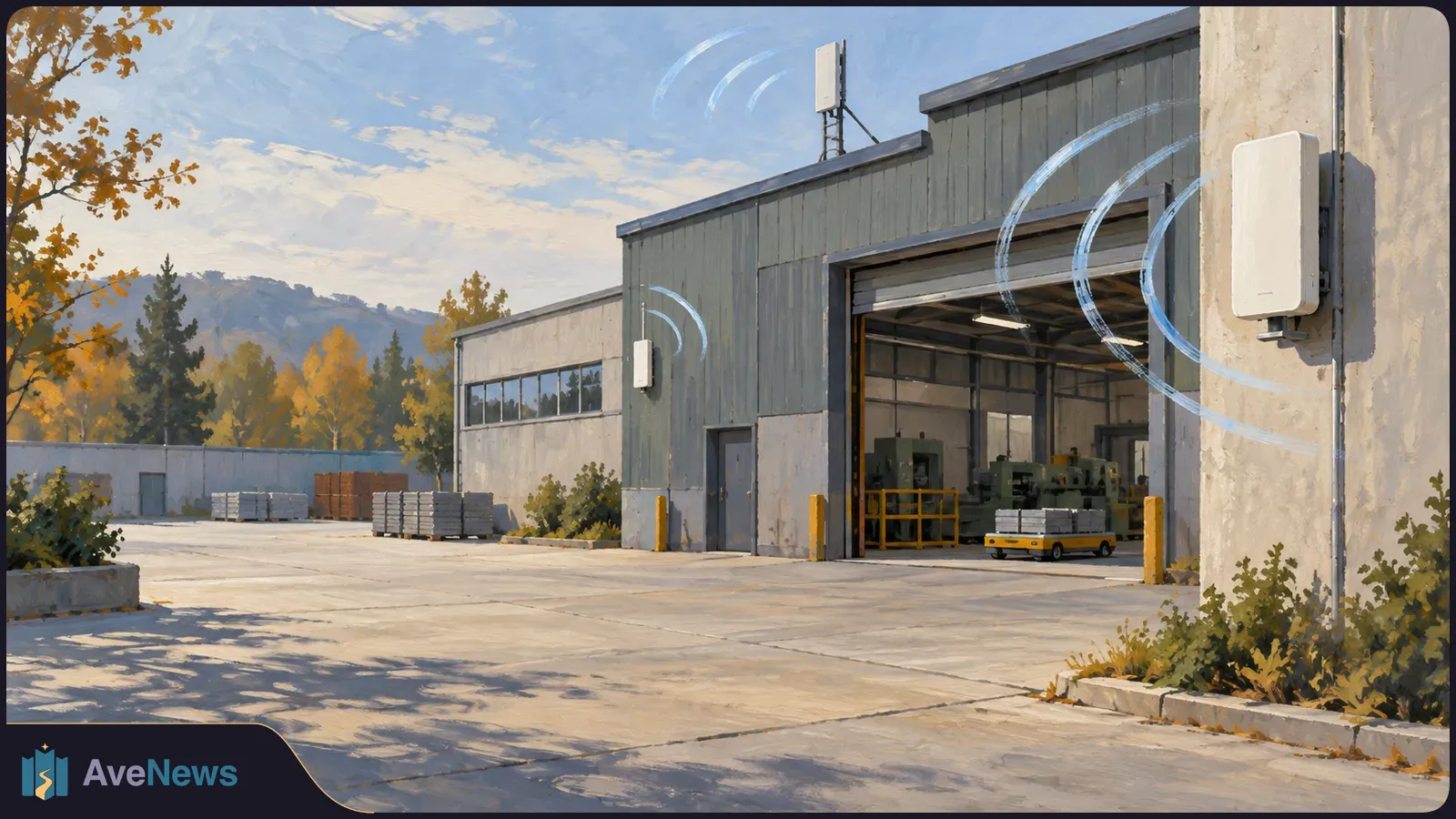 Painted industrial campus with an open workshop, stacked materials and white wireless devices on the buildings; blue arcs suggest radio signals. SI illustration
