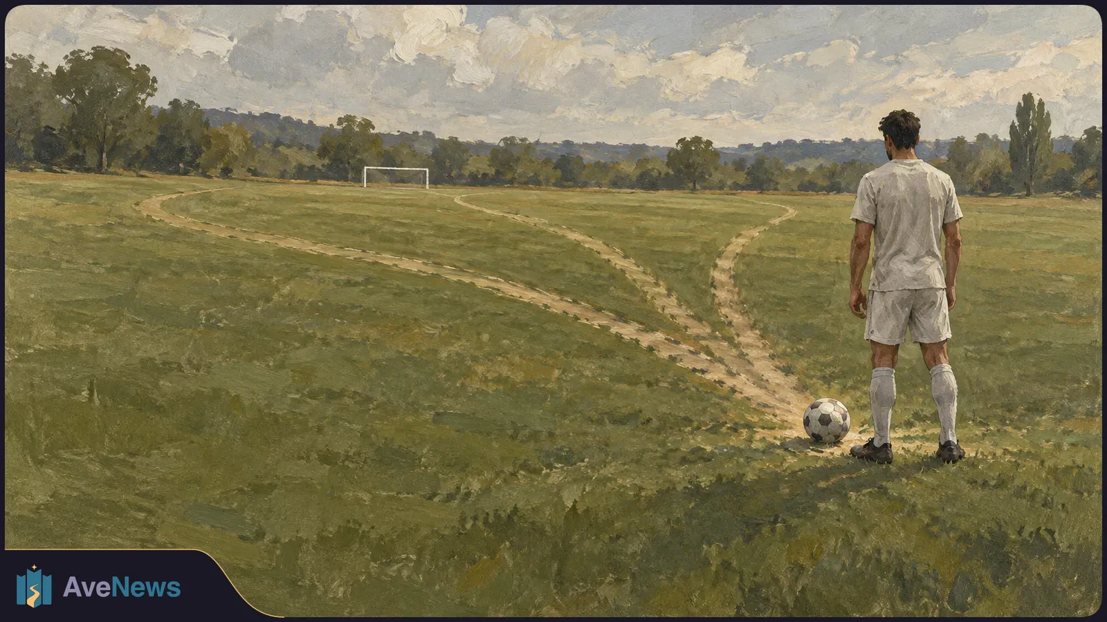 Painted scene of a footballer seen from behind beside a ball on a grassy field, with winding dirt paths leading toward a distant goal under a cloudy sky. SI illustration