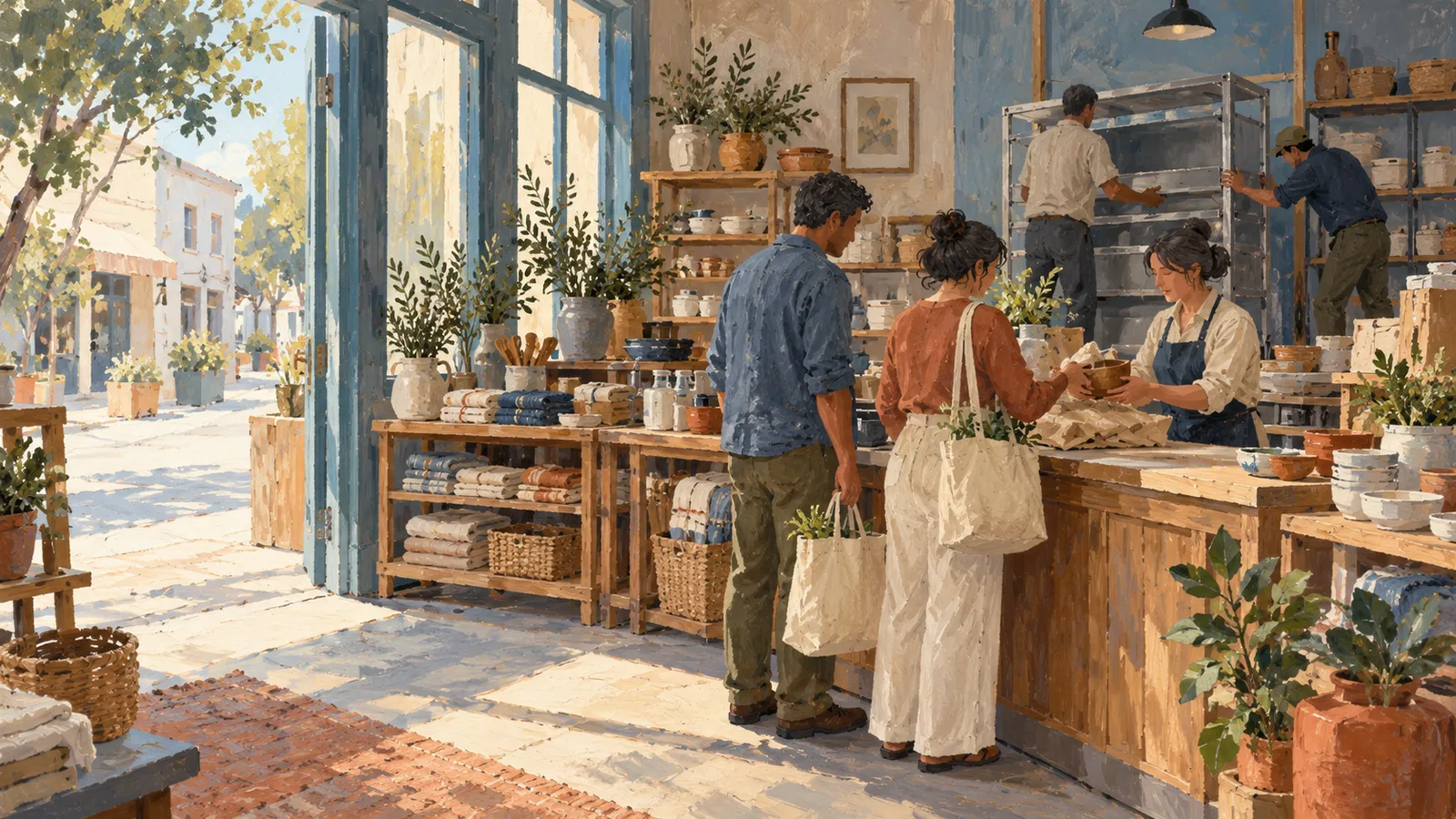 Illustration of customers at a pottery shop counter, with plants and folded textiles on display and two people beside a metal rack in the background. SI illustration