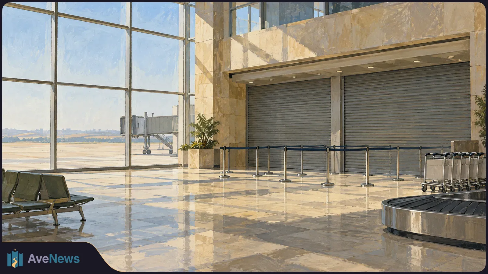 Illustration of an empty airport terminal with closed shutters, queue barriers, luggage carts and a baggage carousel; a jet bridge is visible through the windows. SI illustration