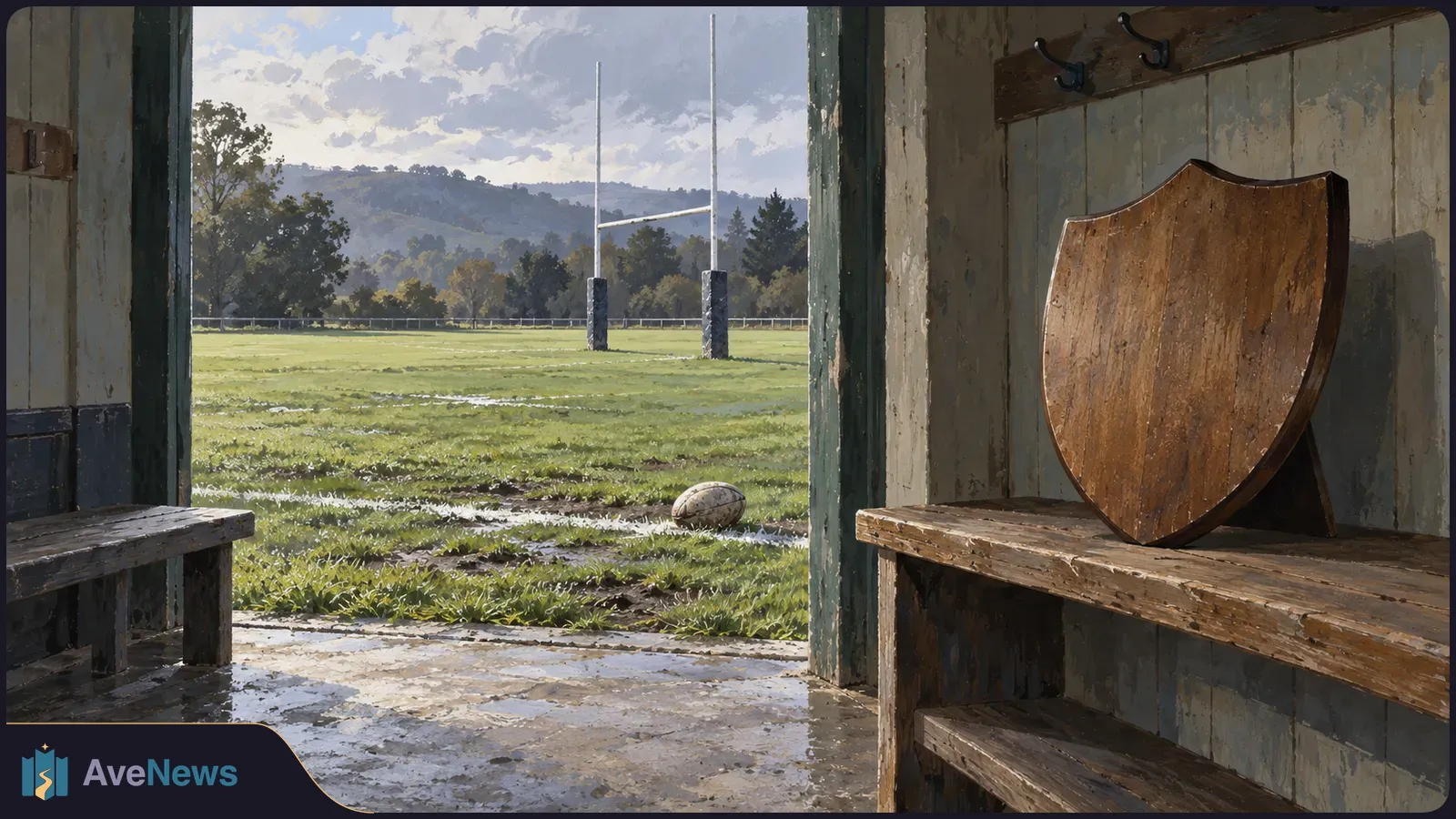 A wooden shield rests on a bench in a rugby changing room; through the open doorway, a ball lies on a grassy field beneath goalposts. SI illustration