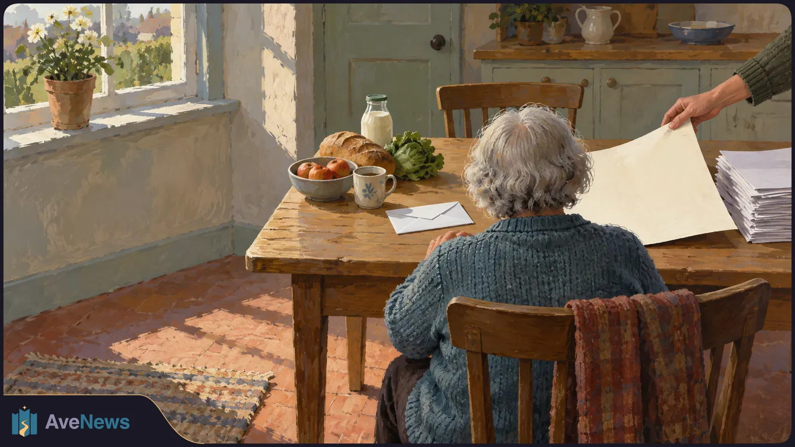 Illustration of a gray-haired person seated at a kitchen table as another hand holds up a blank sheet of paper. An envelope, stacked papers, bread and fruit sit on the table. SI illustration