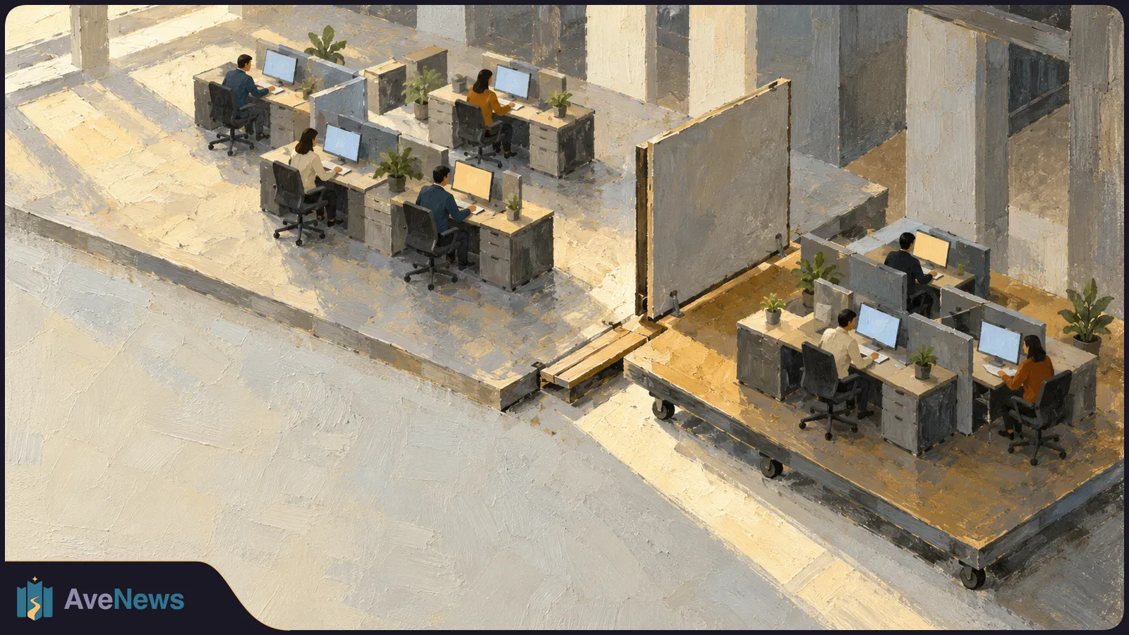 Painterly overhead view of people working at computers on two separated office platforms, with desks, partitions and potted plants. SI illustration
