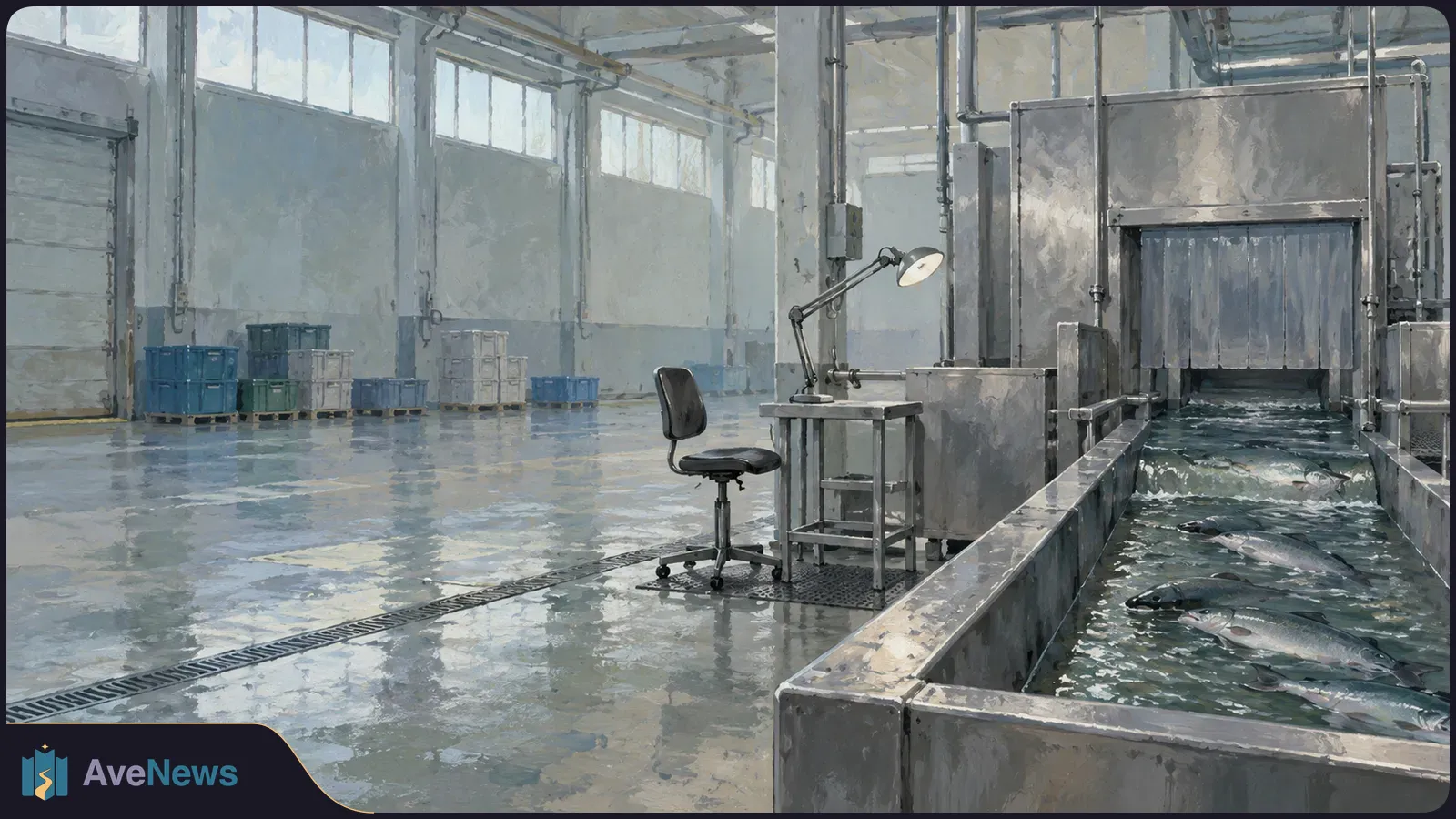 Fish fill a water-filled metal channel leading into a curtained machine. An empty chair and lamp stand beside it on a wet factory floor. SI illustration