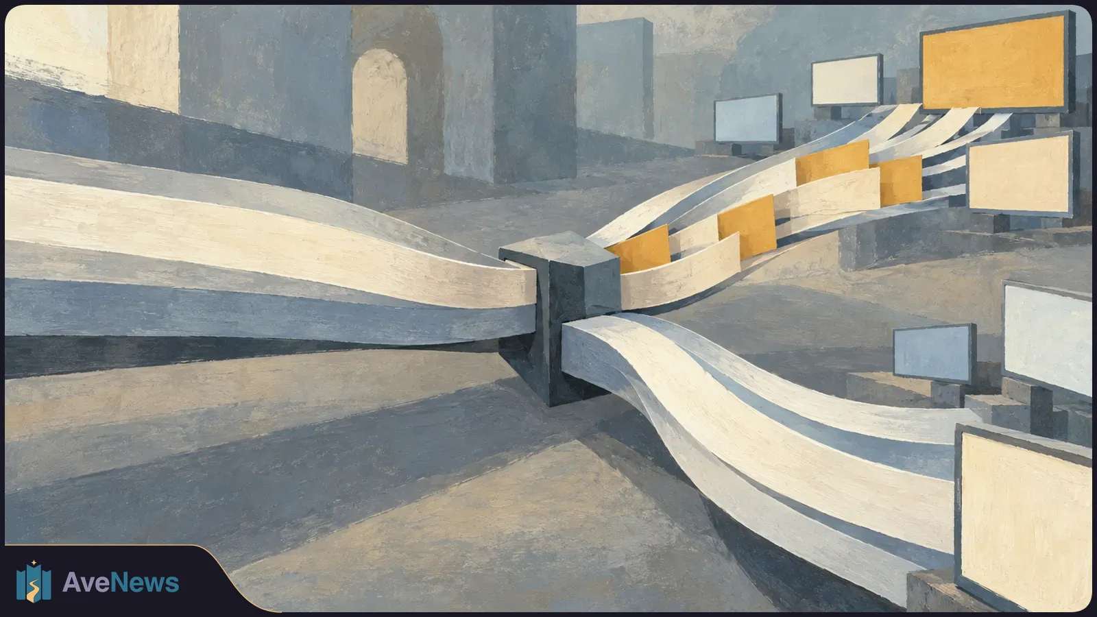 Illustration of broad white and gray ribbons passing through a dark central block, with blank rectangular screens and gold panels in a muted gray setting. SI illustration