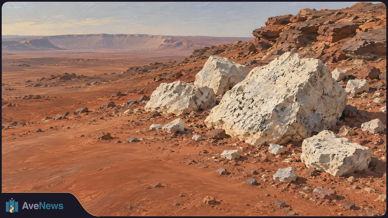Large pale, speckled boulders lie on a rust-red rocky slope, with a barren plain and distant cliffs beyond. SI illustration