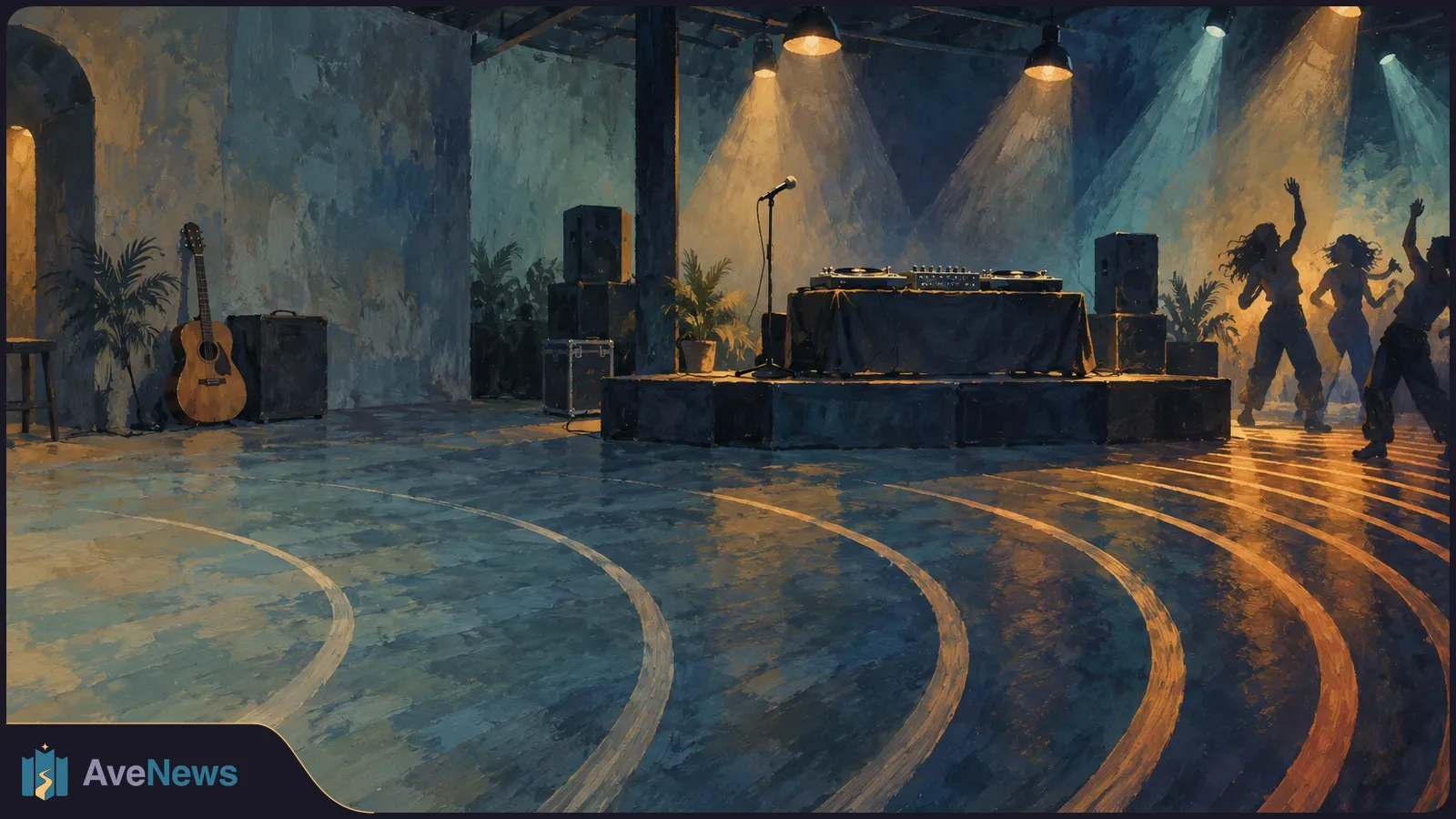 Painted club scene with DJ decks and a microphone onstage, a guitar leaning at left, and three dancers under spotlights at right. SI illustration
