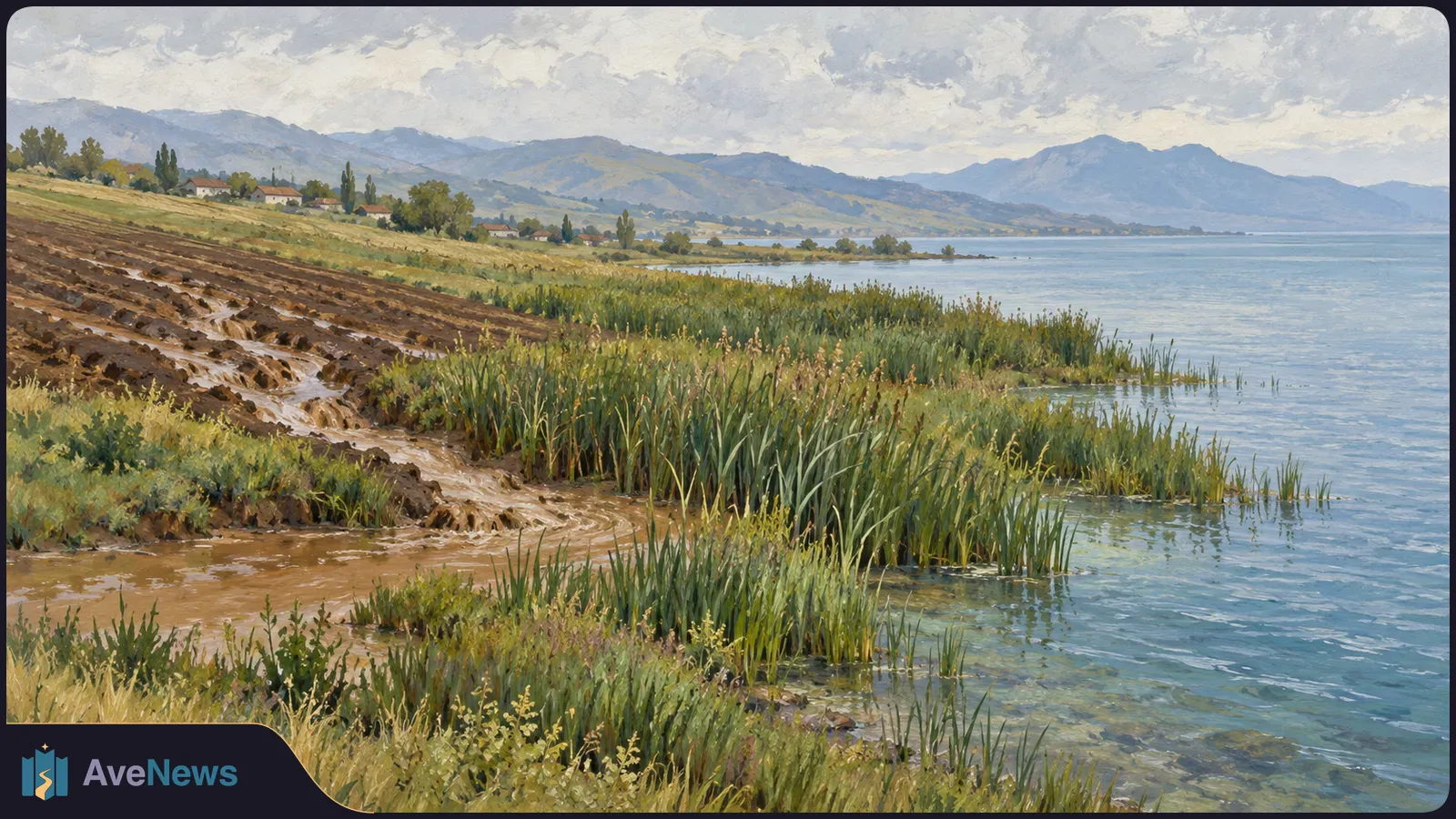 Painted lakeshore with muddy water flowing from a plowed field through reeds into a blue lake; small houses and mountains sit beneath a cloudy sky. SI illustration