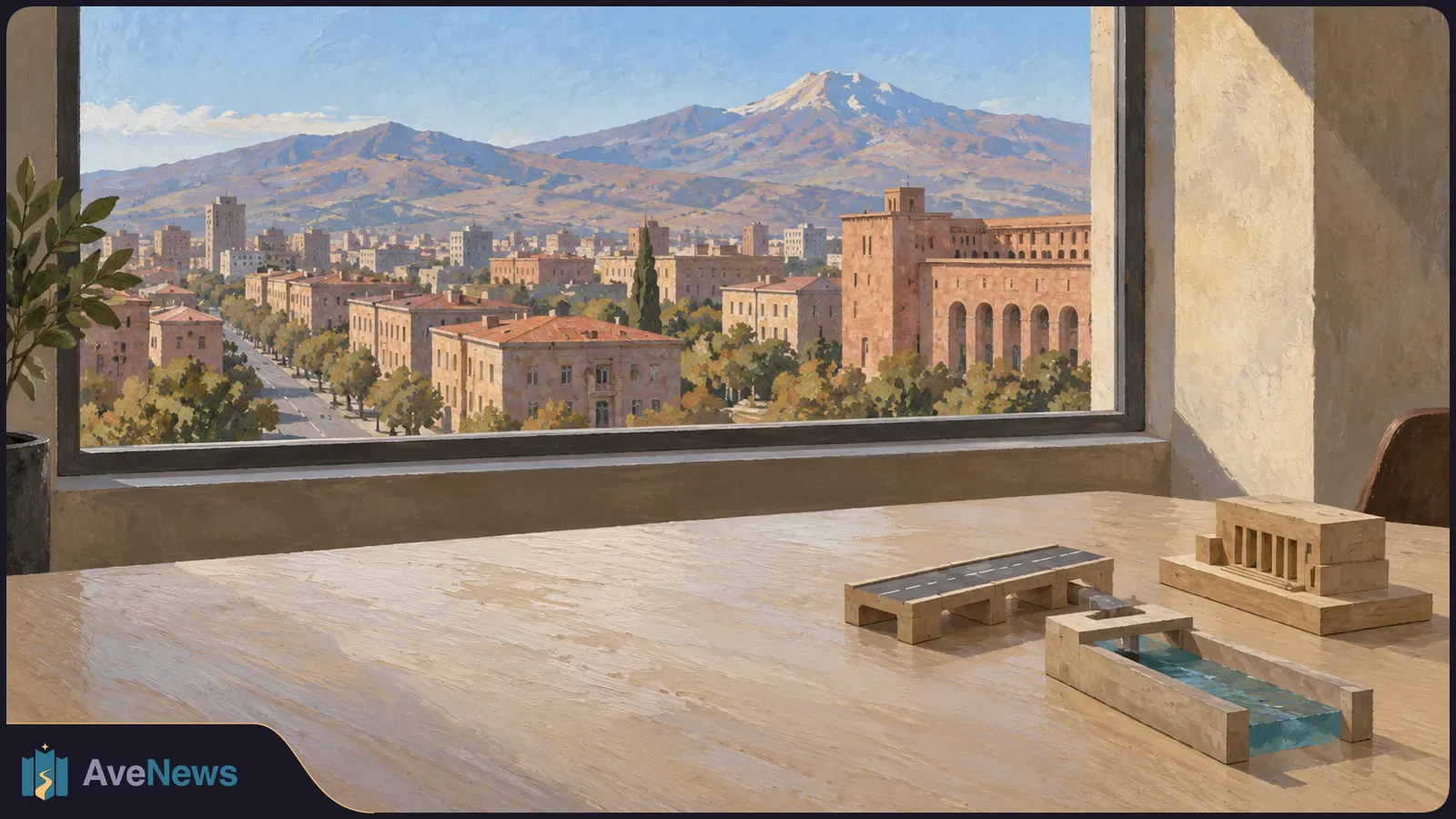 A painted cityscape and snow-capped mountain seen through a window, with miniature models of a road, water channel and building on a table. SI illustration
