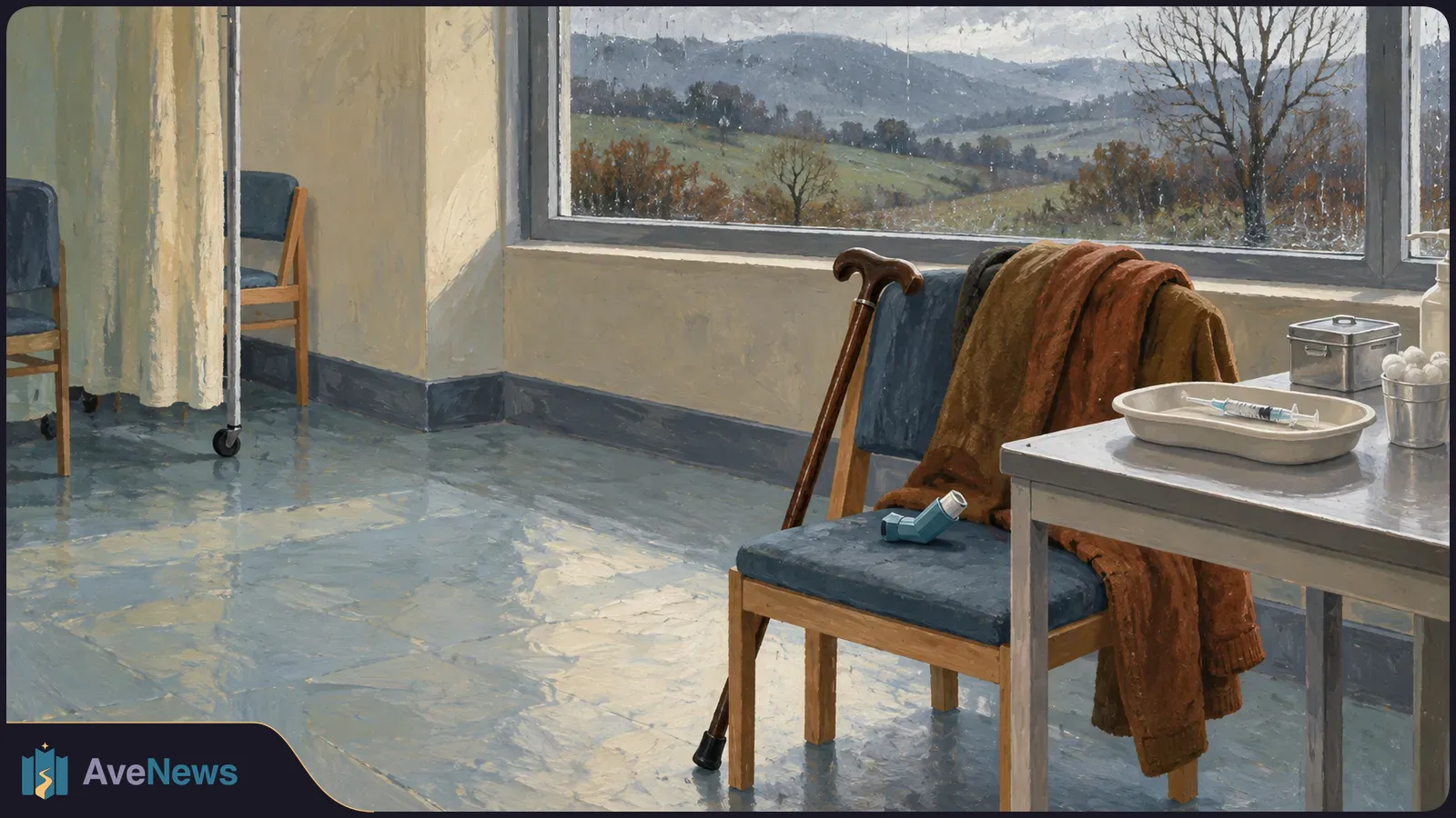Painted clinic room with a coat, cane and inhaler on a chair, a syringe on a tray, and rainy hills visible through the window. SI illustration
