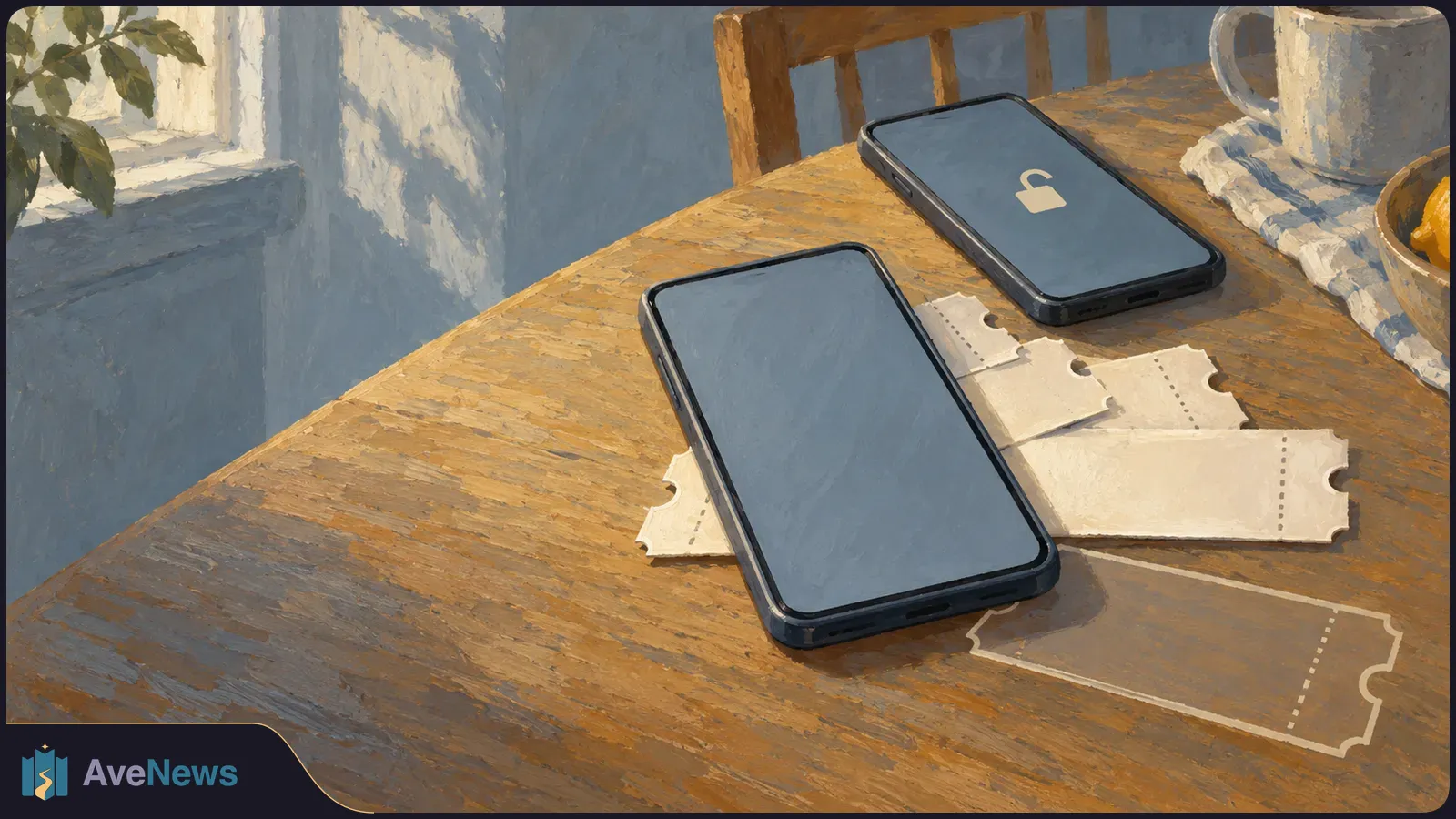 Painterly illustration of two smartphones beside blank perforated tickets on a wooden table. One phone screen shows an open padlock. SI illustration