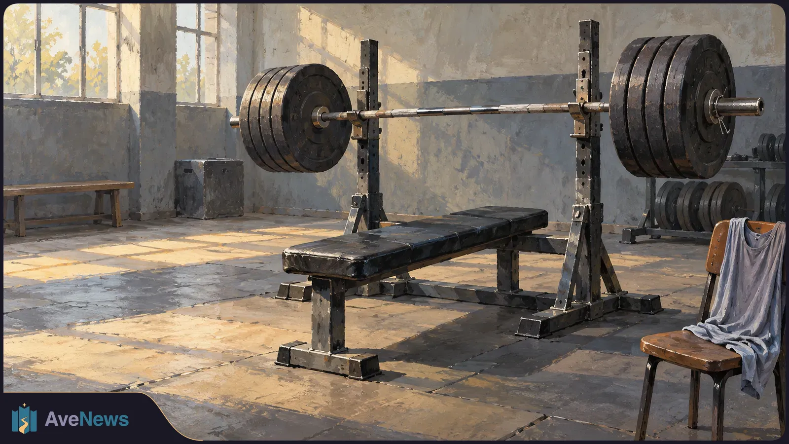 A heavily loaded barbell rests above a bench in a sunlit gym; a gray shirt hangs over a chair nearby. SI illustration