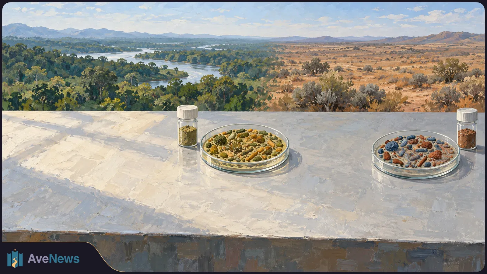 Two glass dishes of differently colored microbe-like forms and two small vials sit on a pale bench. Behind them, a green river landscape gives way to dry scrubland. SI illustration