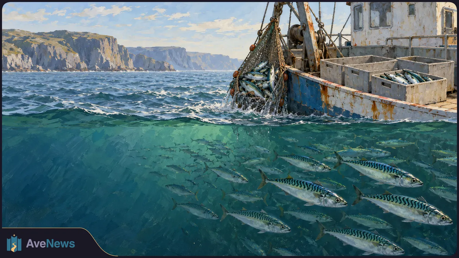 A fishing boat lifts a net full of mackerel from the sea. A school of mackerel swims below the surface, with rocky cliffs in the distance. SI illustration
