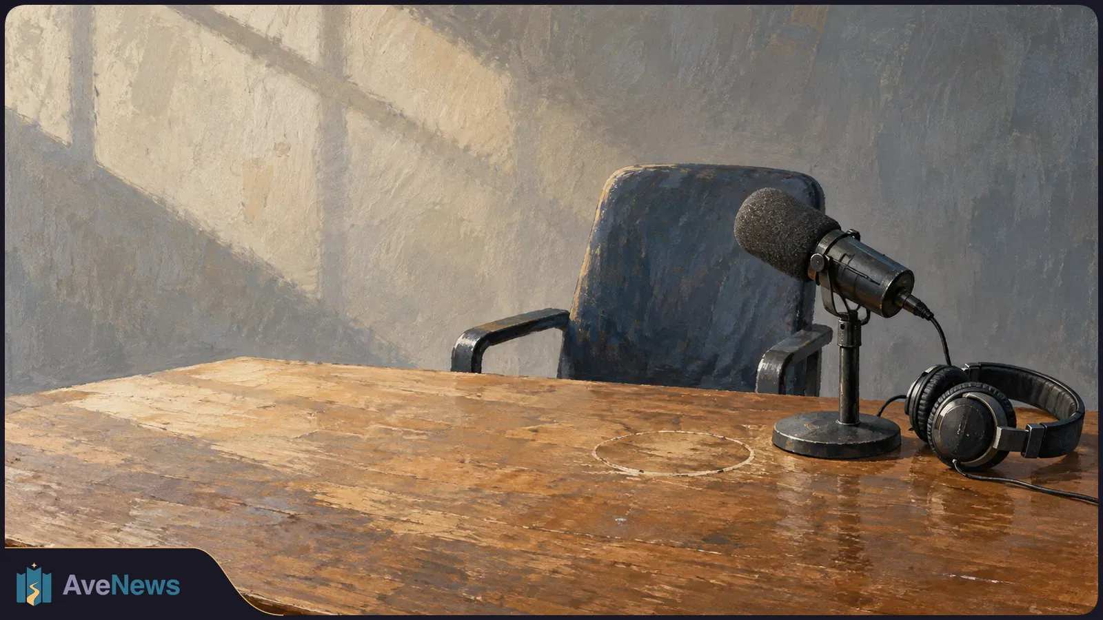 Painted illustration of an empty chair behind a worn wooden table, with a black microphone and headphones on the right and window light on the wall. SI illustration
