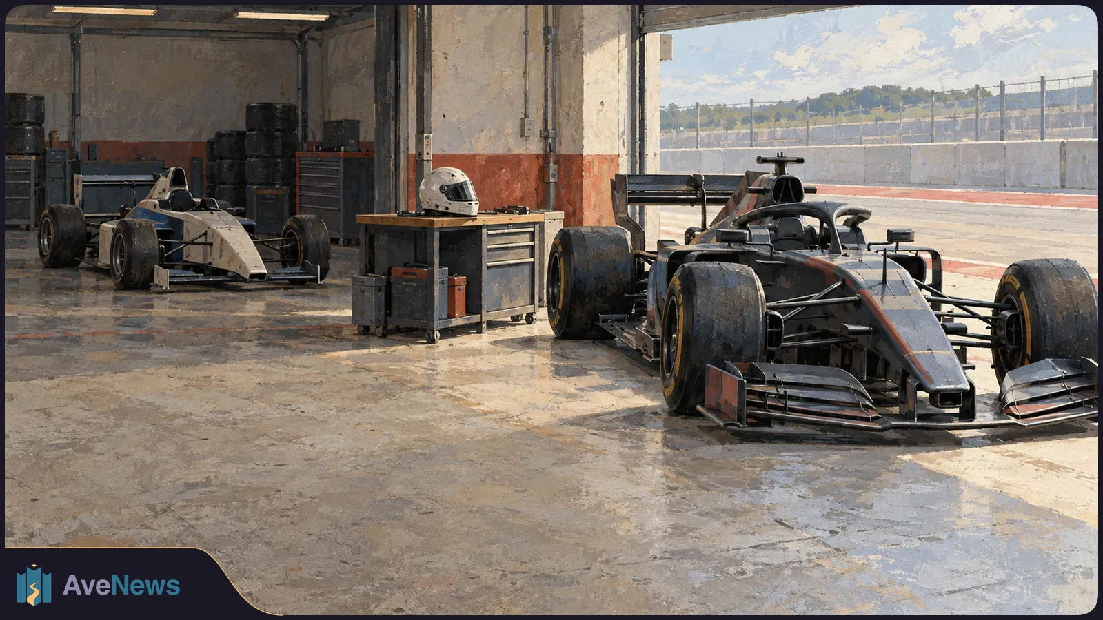 Two open-wheel race cars sit in a garage beside stacked tires and a workbench with a helmet; a racetrack is visible through the open door. SI illustration