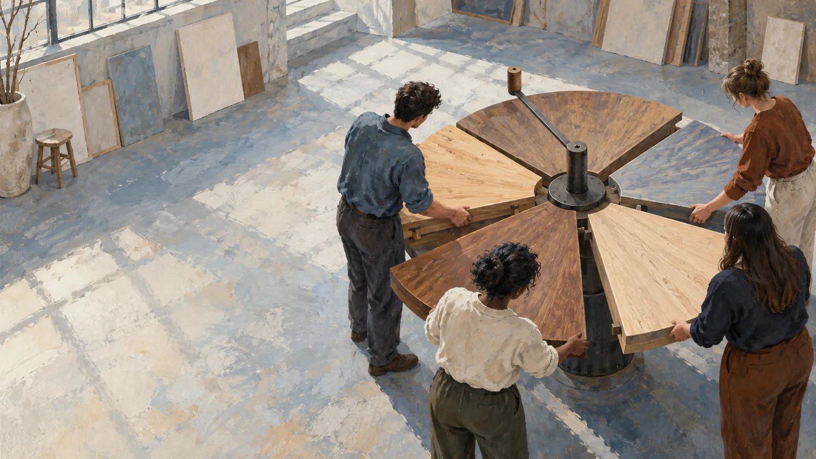 Four people stand around a central metal hub, holding wedge-shaped wooden panels in a sunlit room. SI illustration