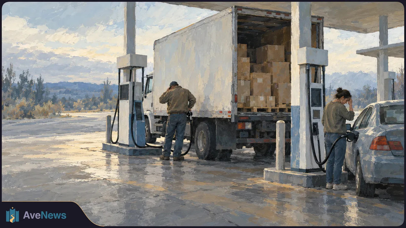 Painterly illustration of a box truck loaded with cartons and a car at gas pumps, with a person beside each vehicle. SI illustration