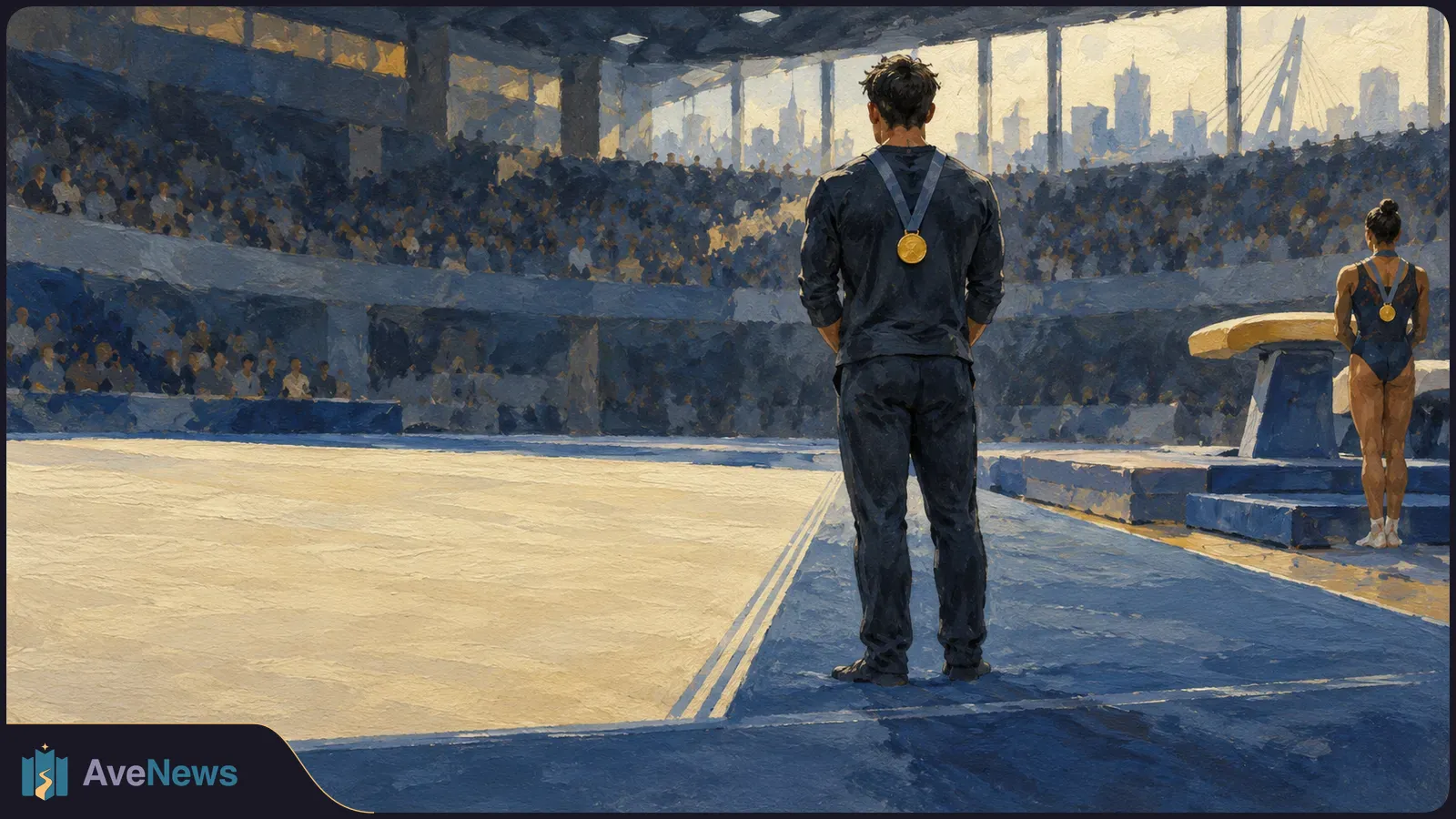Painterly illustration of two medal-wearing gymnasts seen from behind beside a floor exercise mat and vaulting table in a crowded arena. SI illustration