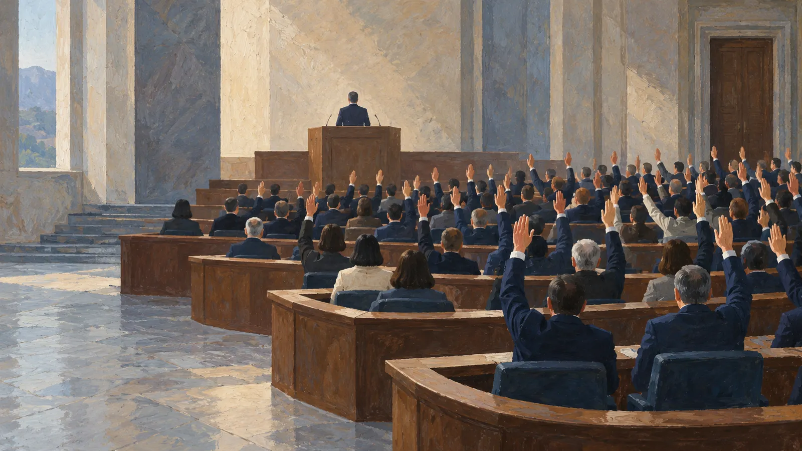 A painted assembly chamber with rows of seated people raising their hands and a figure standing at a wooden podium. SI illustration