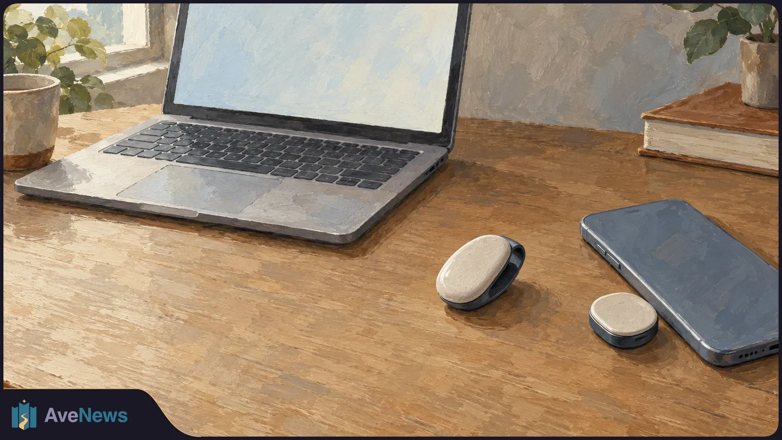 Painted desk scene with a blank-screen laptop, a dark phone, and two small cream-and-black devices beside a book and potted plants. SI illustration