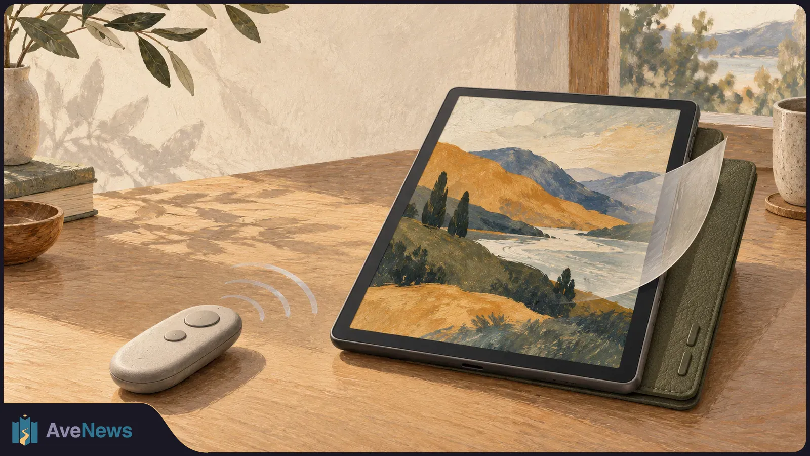 A two-button remote sits beside a tablet showing a painted landscape on a sunlit wooden table. A page curls over the screen, and buttons line the green cover. SI illustration