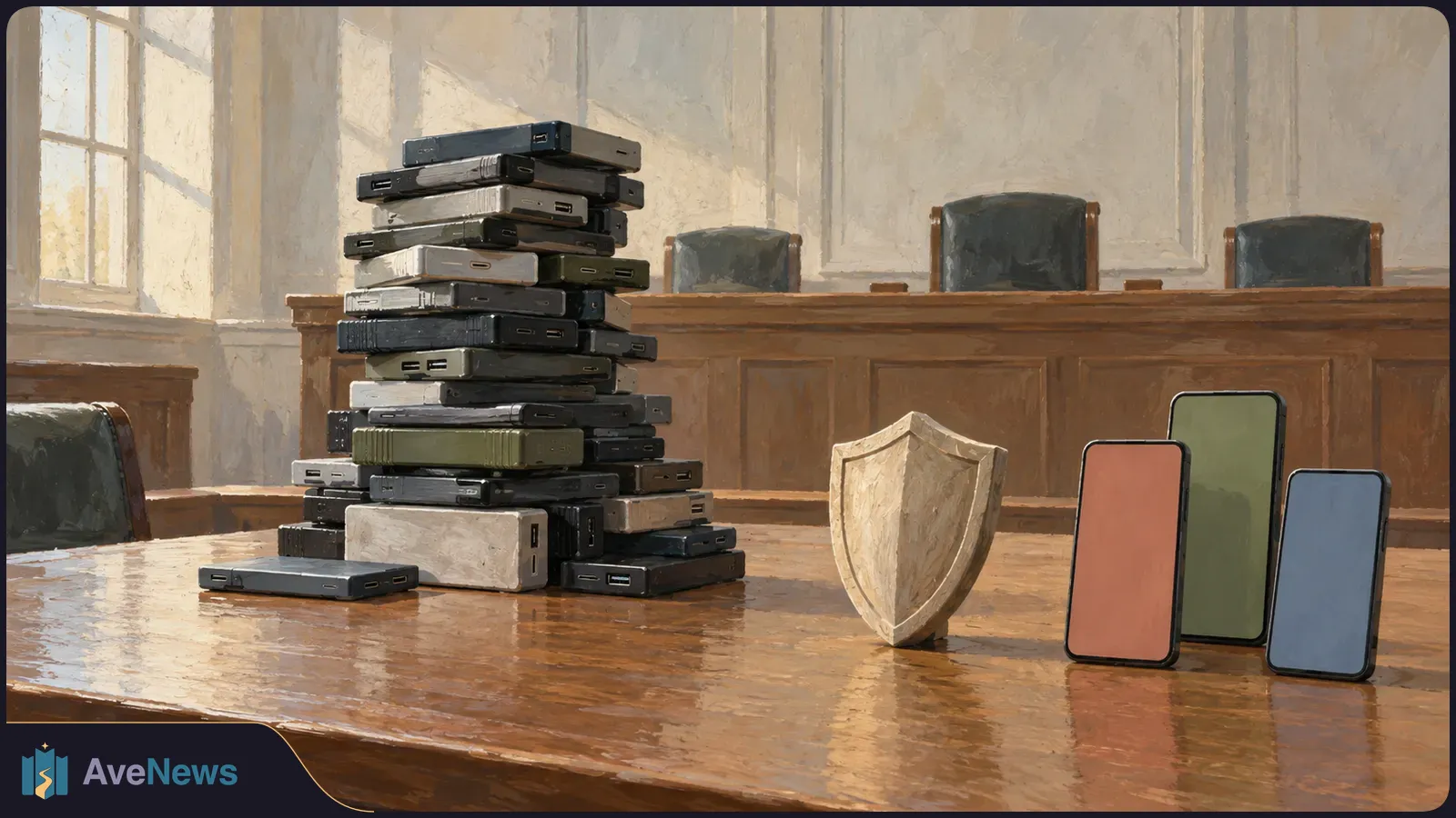 On a polished courtroom table, a tall stack of flat electronic devices stands beside a plain shield and three upright phones with blank coloured screens. SI illustration