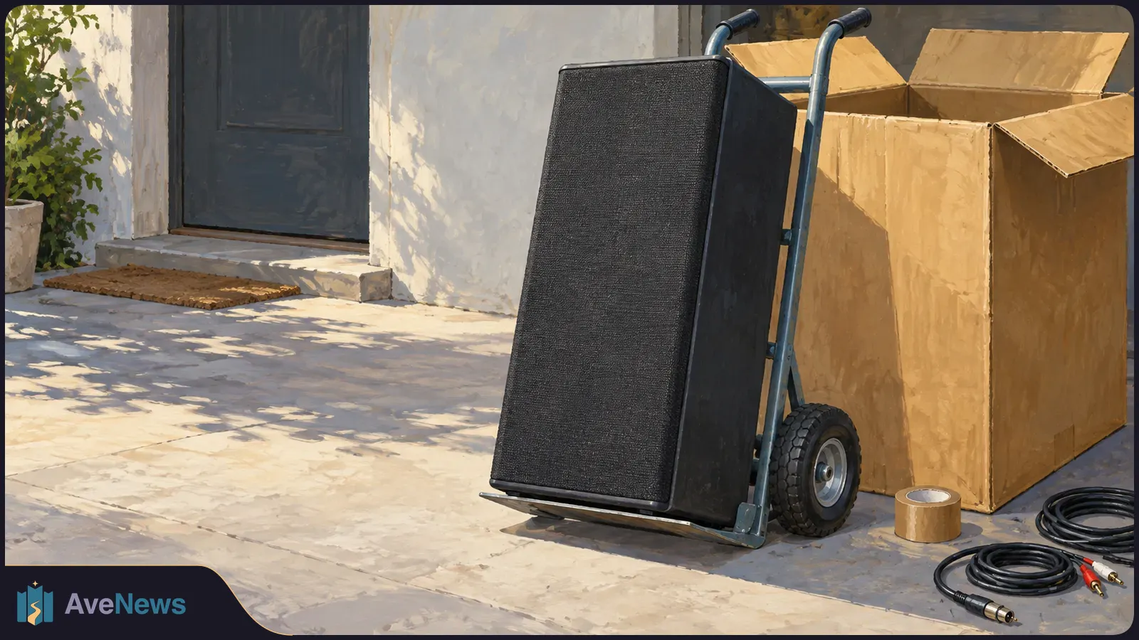 A large black speaker rests on a hand truck beside an open cardboard box, coiled cables and packing tape outside a doorway. SI illustration