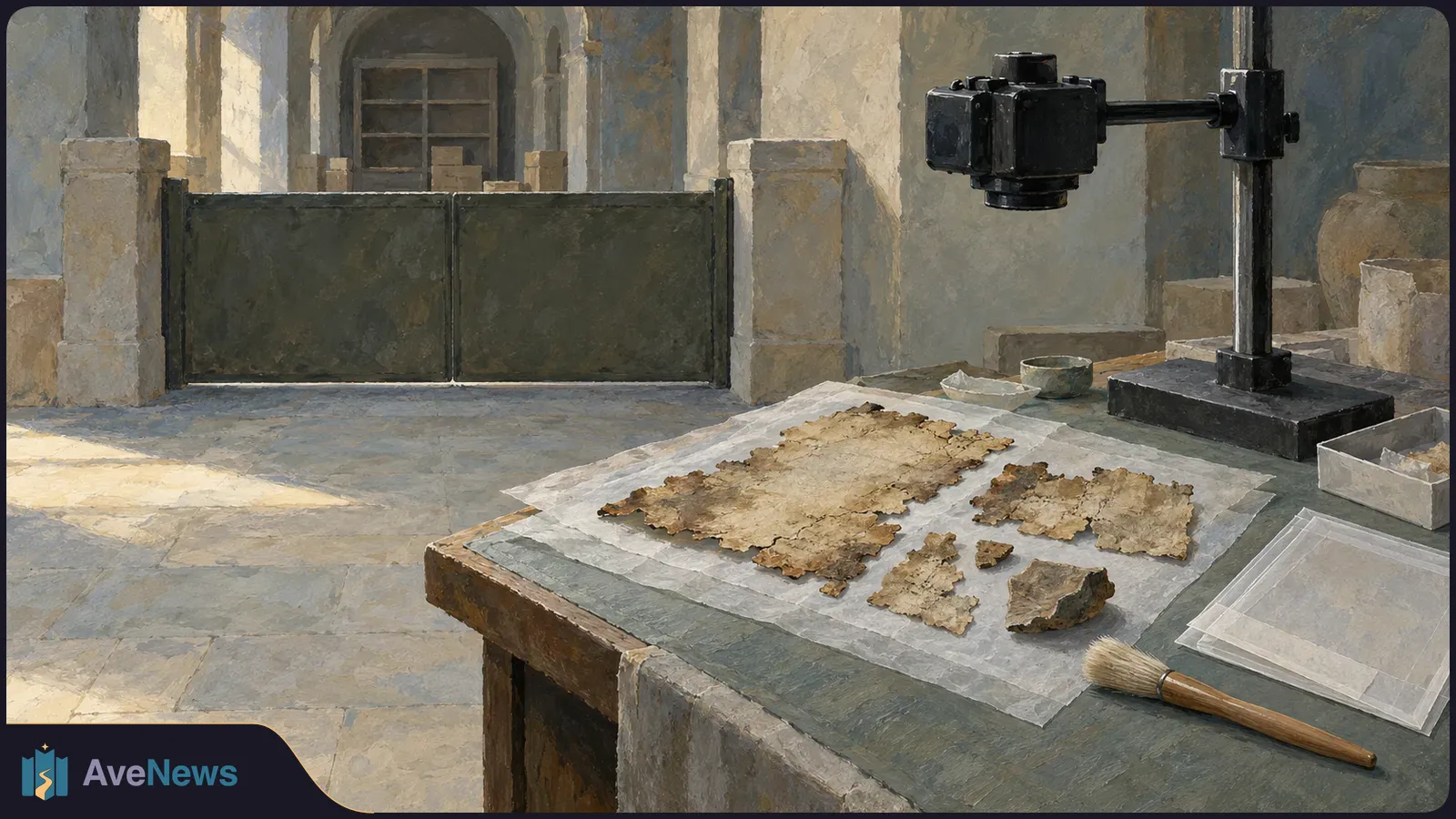 Illustration of worn manuscript fragments on a worktable beside a brush, trays and a camera on a stand; a closed gate stands behind them. SI illustration