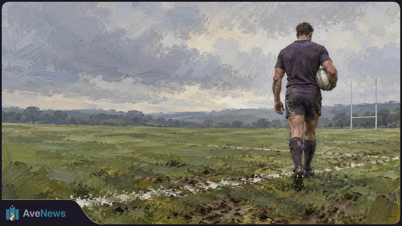Painterly image of a mud-splashed rugby player seen from behind, carrying a ball across a grassy field toward goalposts under a cloudy sky. SI illustration